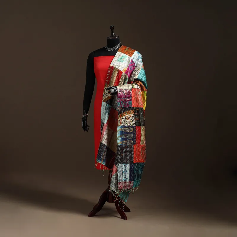 Multicolor - Bengal Hand Embroidery Patchwork Reversible Silk Kantha Dupatta 87 sold by Itokri