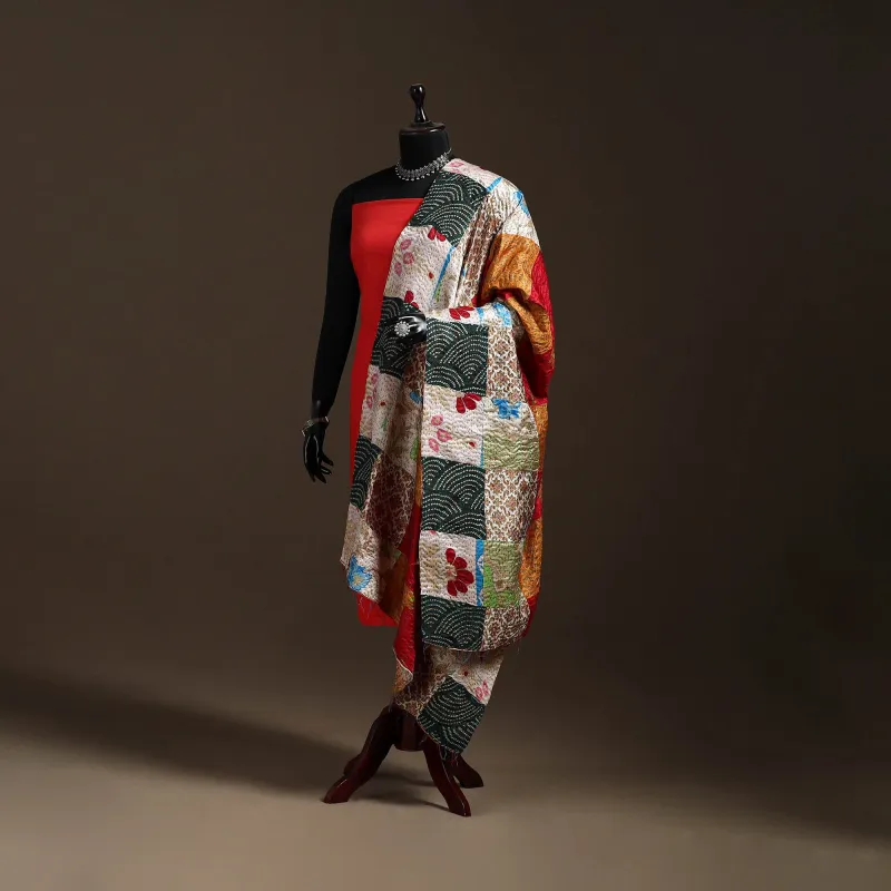 Multicolor - Bengal Hand Embroidery Patchwork Reversible Silk Kantha Dupatta 85 made by Itokri
