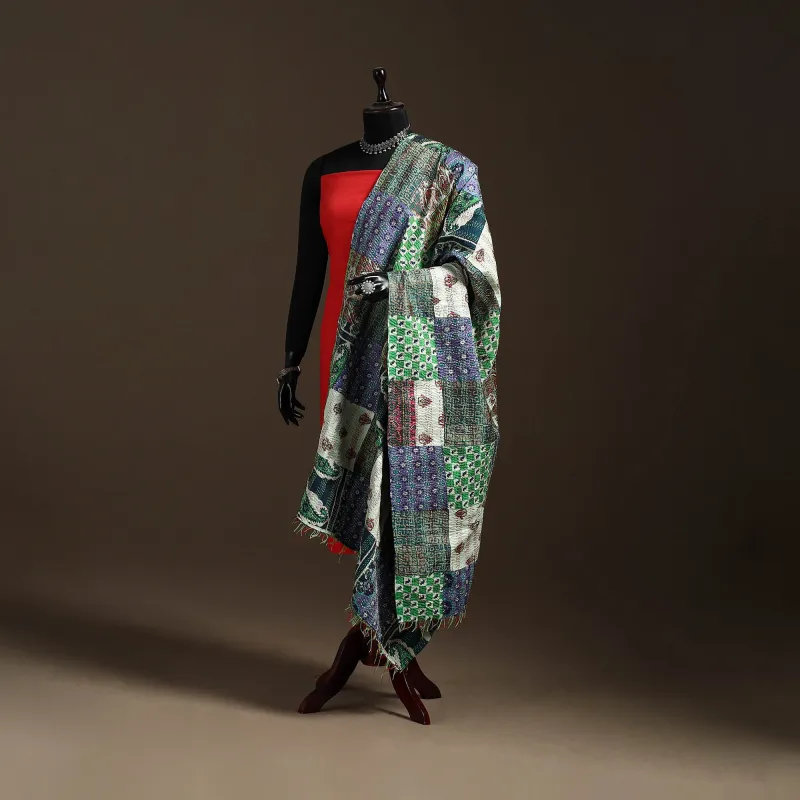Multicolor - Bengal Hand Embroidery Patchwork Reversible Silk Kantha Dupatta 84 made by Itokri