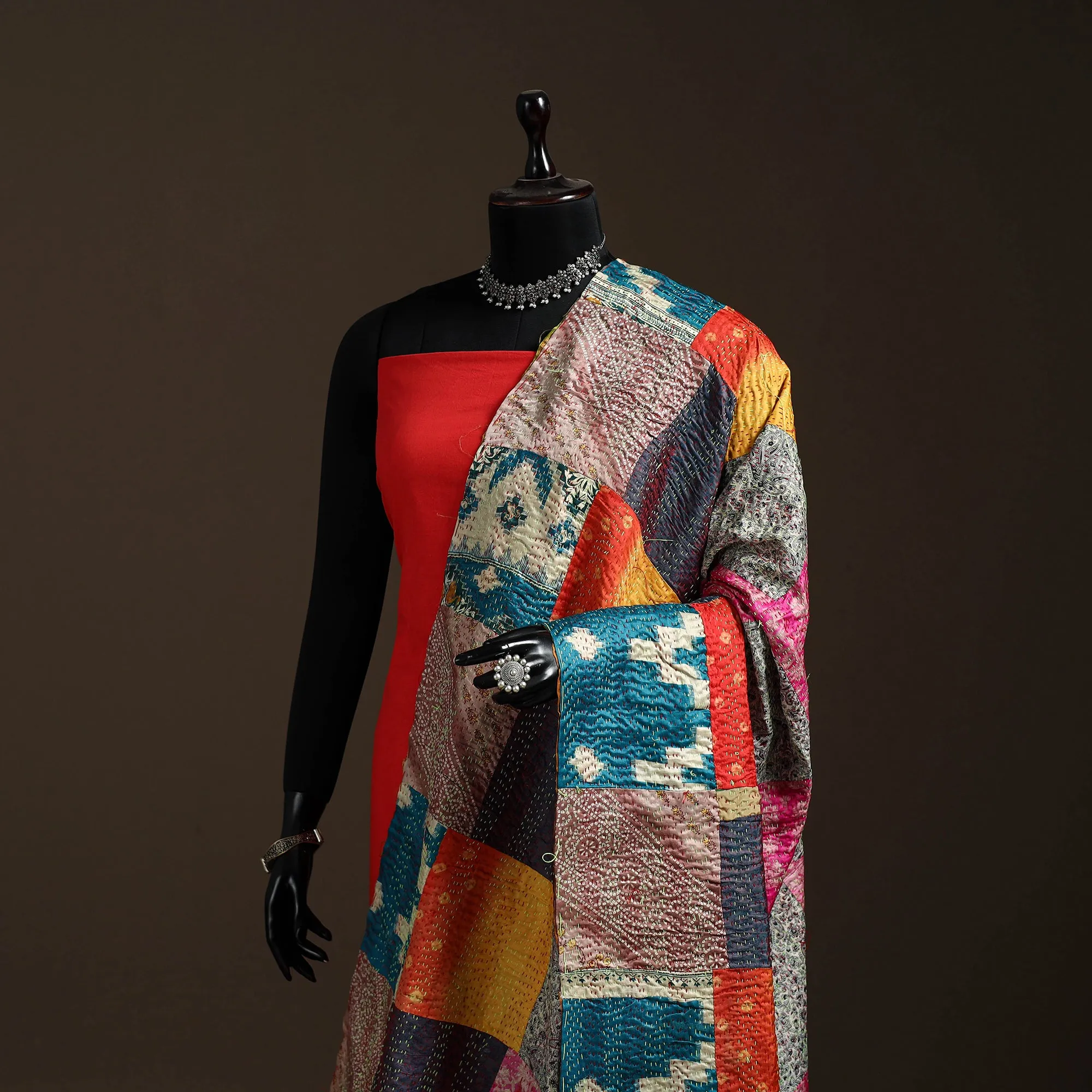 Multicolor - Bengal Hand Embroidery Patchwork Reversible Silk Kantha Dupatta 82 sold by Itokri product image thumbnail 2