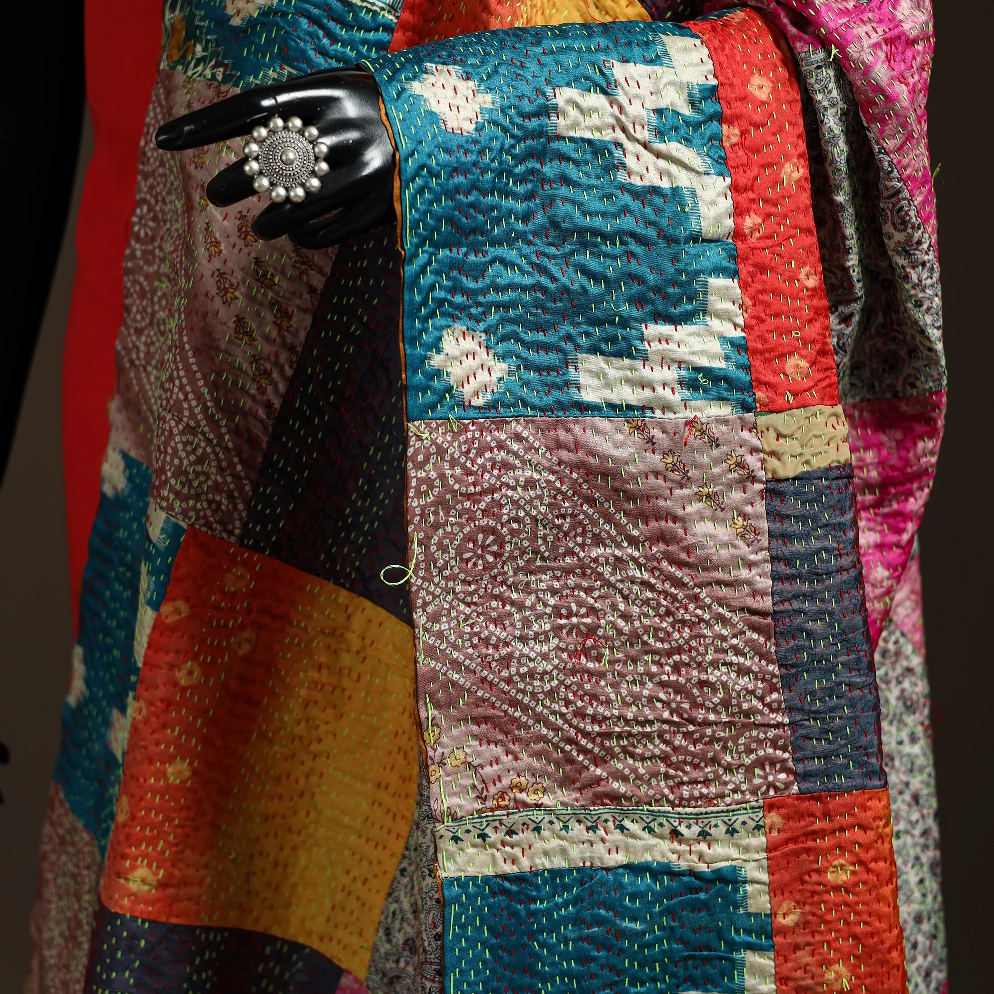 Multicolor - Bengal Hand Embroidery Patchwork Reversible Silk Kantha Dupatta 82 sold by Itokri product image thumbnail 3