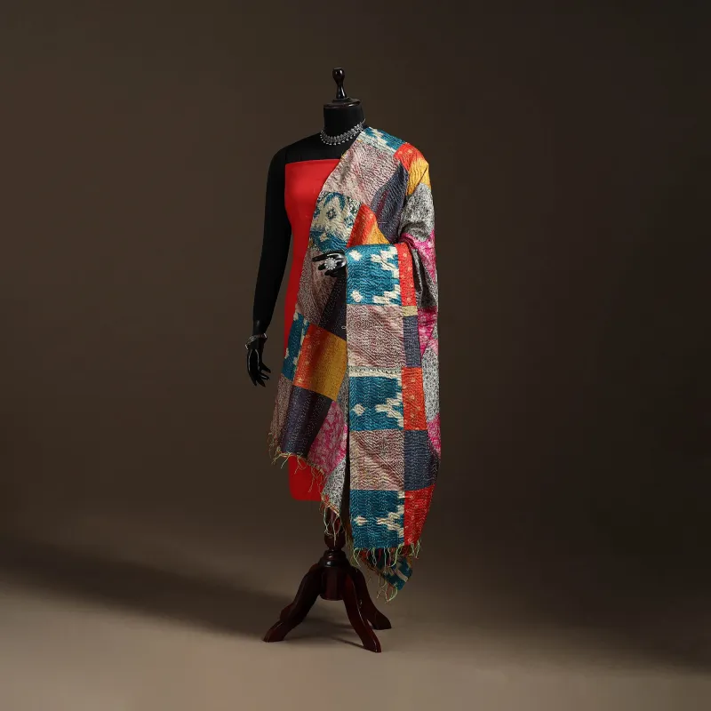 Multicolor - Bengal Hand Embroidery Patchwork Reversible Silk Kantha Dupatta 82 sold by Itokri
