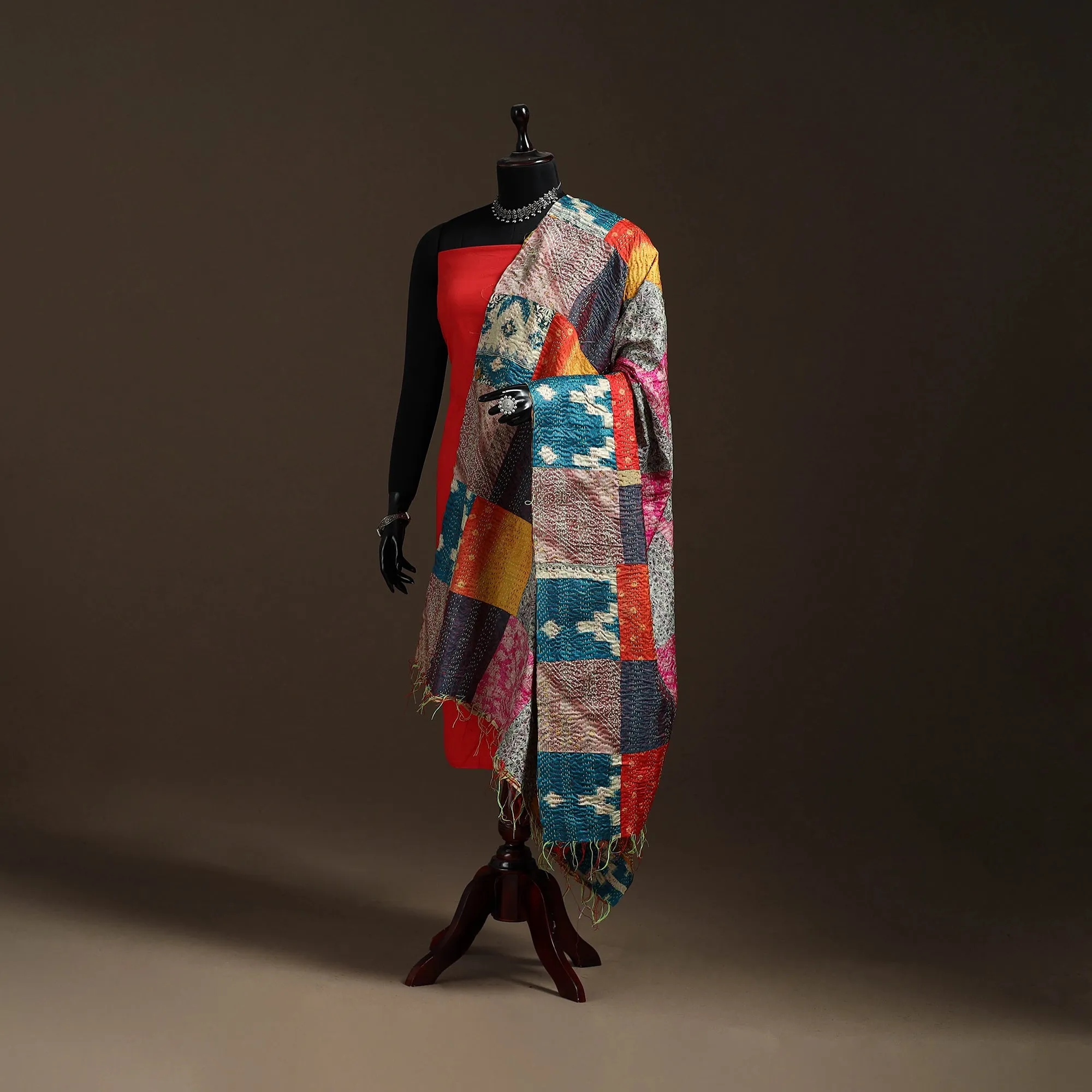 Multicolor - Bengal Hand Embroidery Patchwork Reversible Silk Kantha Dupatta 82 sold by Itokri