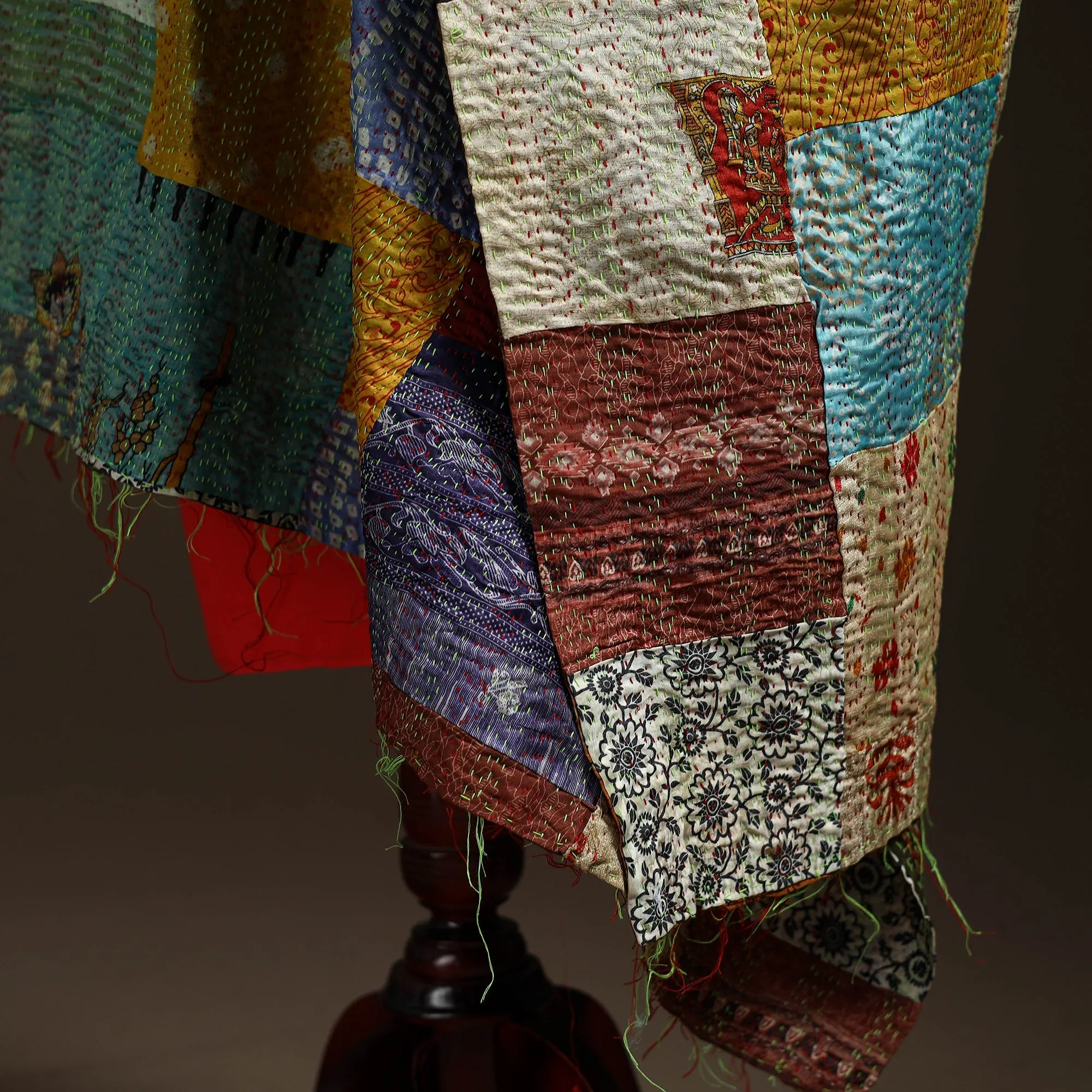 Multicolor - Bengal Hand Embroidery Patchwork Reversible Silk Kantha Dupatta 81 sold by Itokri product image thumbnail 4