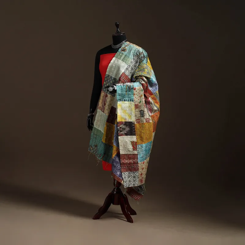 Multicolor - Bengal Hand Embroidery Patchwork Reversible Silk Kantha Dupatta 81 sold by Itokri