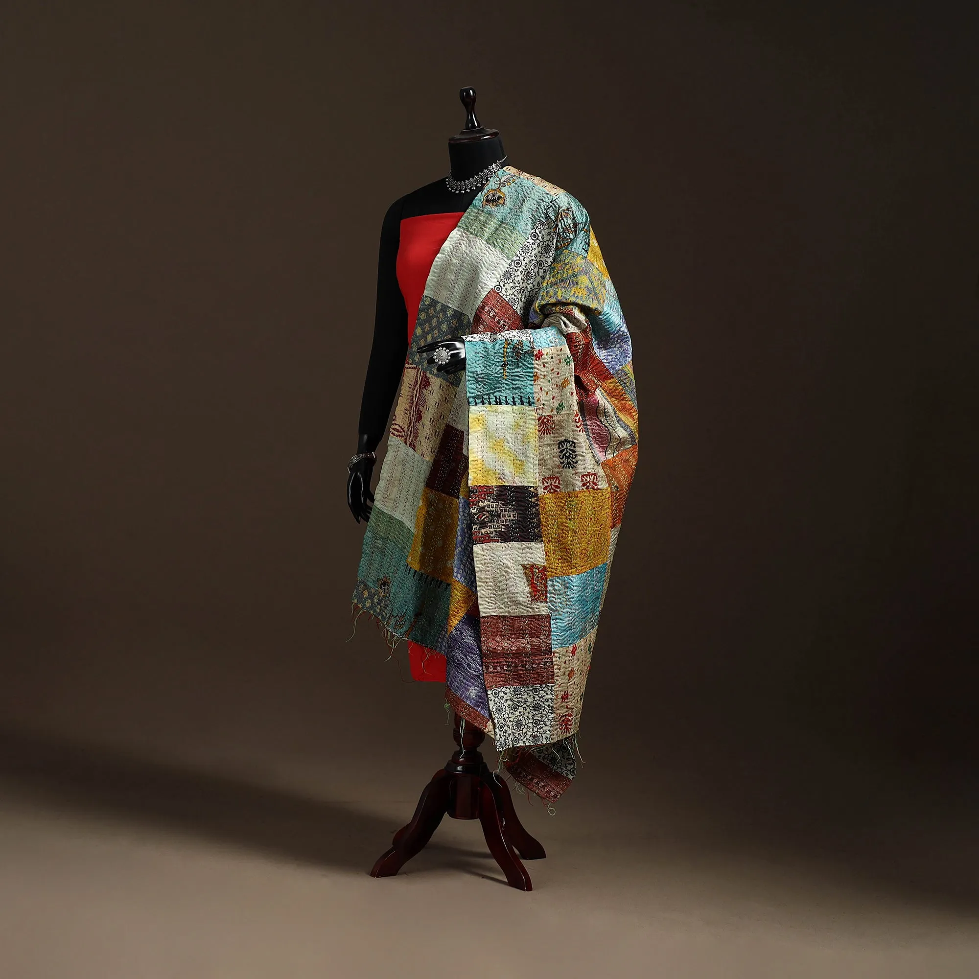 Multicolor - Bengal Hand Embroidery Patchwork Reversible Silk Kantha Dupatta 81 sold by Itokri