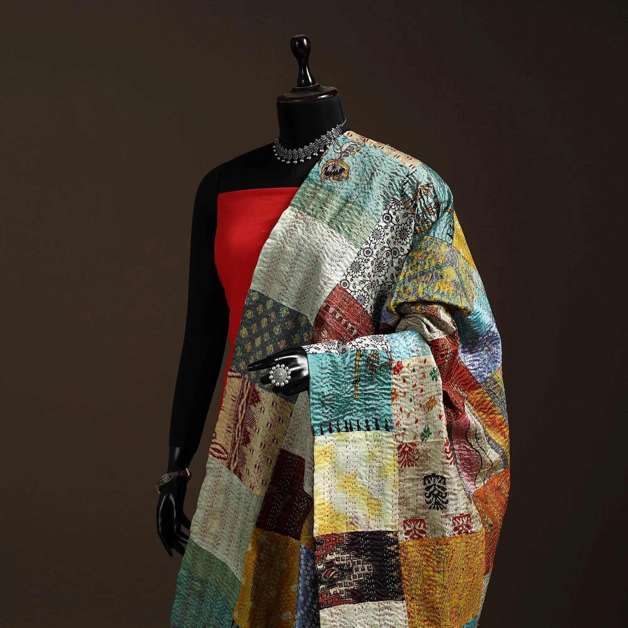 Multicolor - Bengal Hand Embroidery Patchwork Reversible Silk Kantha Dupatta 81 sold by Itokri product image thumbnail 2