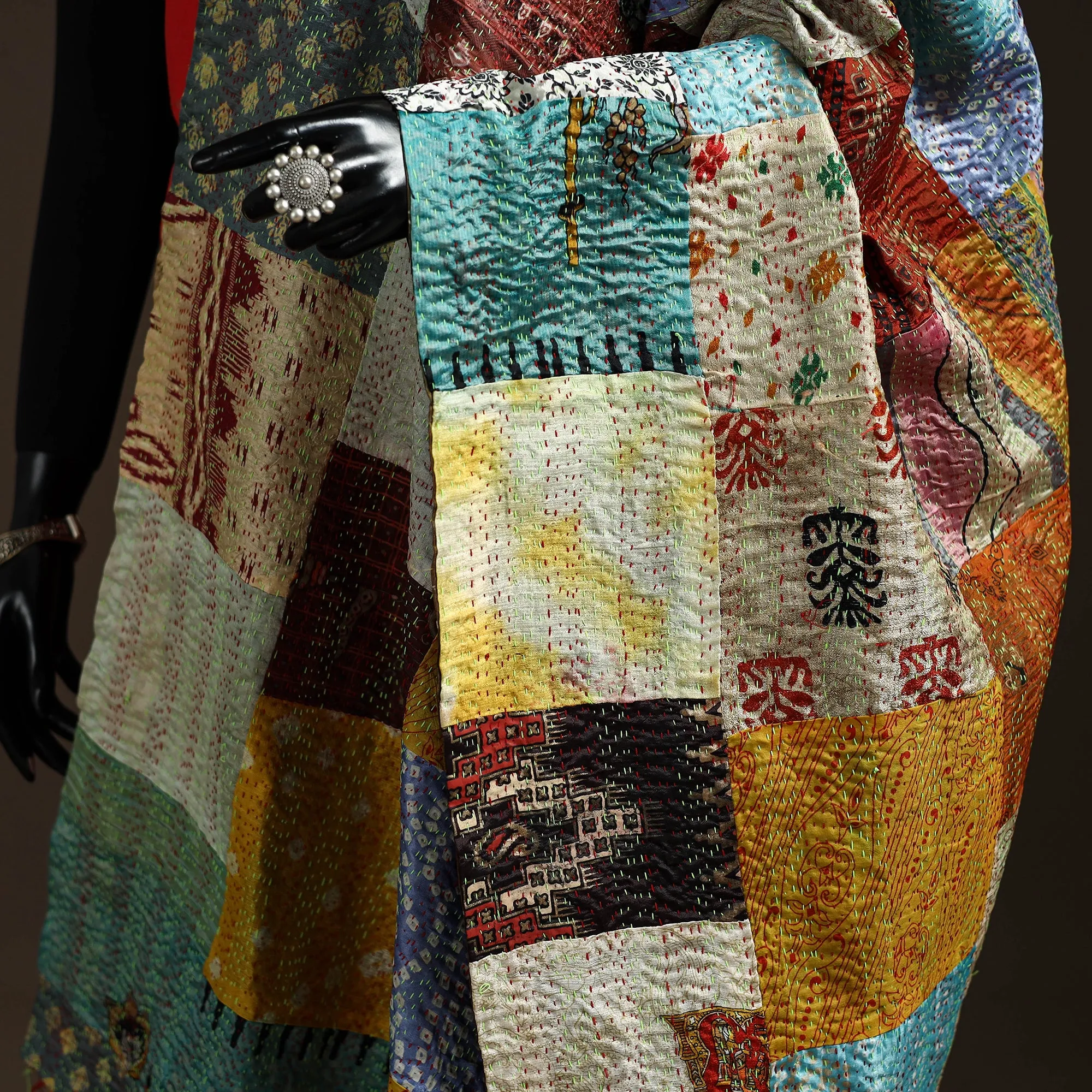 Multicolor - Bengal Hand Embroidery Patchwork Reversible Silk Kantha Dupatta 81 sold by Itokri product image thumbnail 3