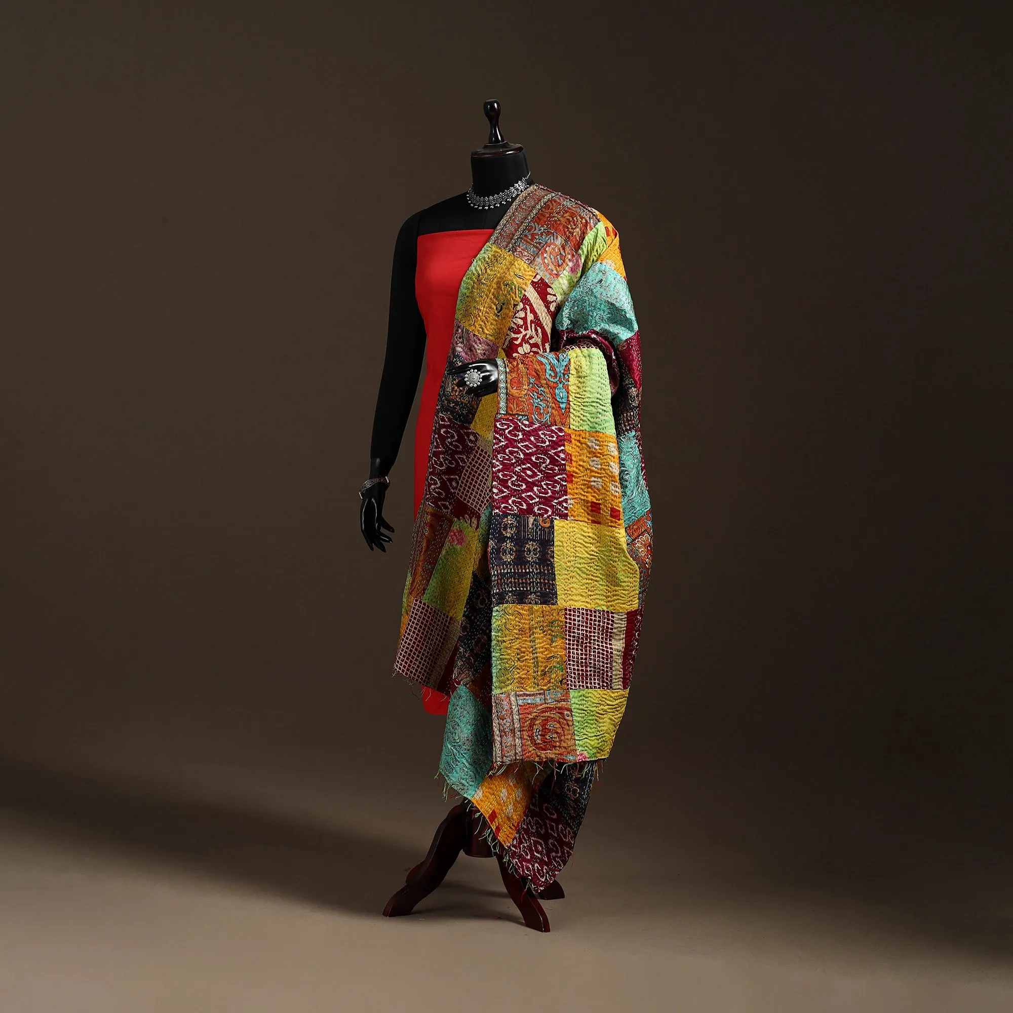 Multicolor - Bengal Hand Embroidery Patchwork Reversible Silk Kantha Dupatta 79 sold by Itokri