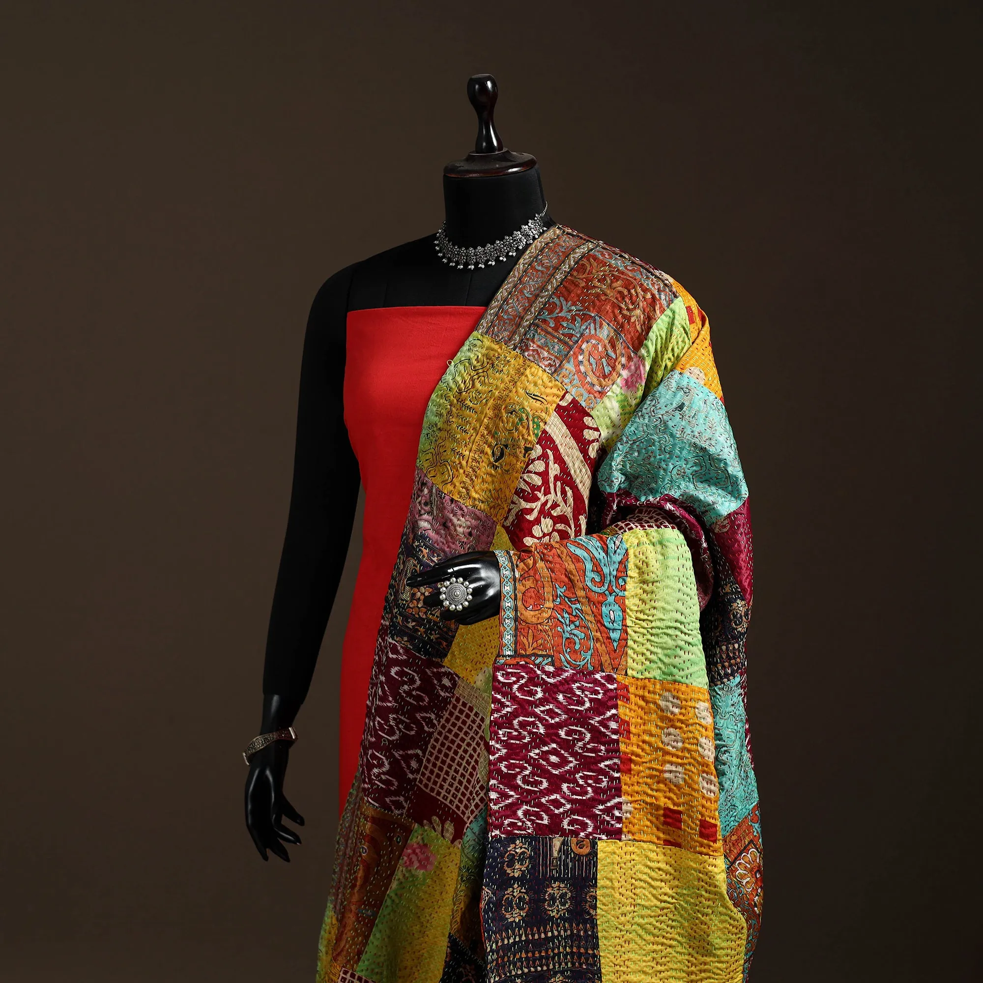 Multicolor - Bengal Hand Embroidery Patchwork Reversible Silk Kantha Dupatta 79 sold by Itokri product image thumbnail 2