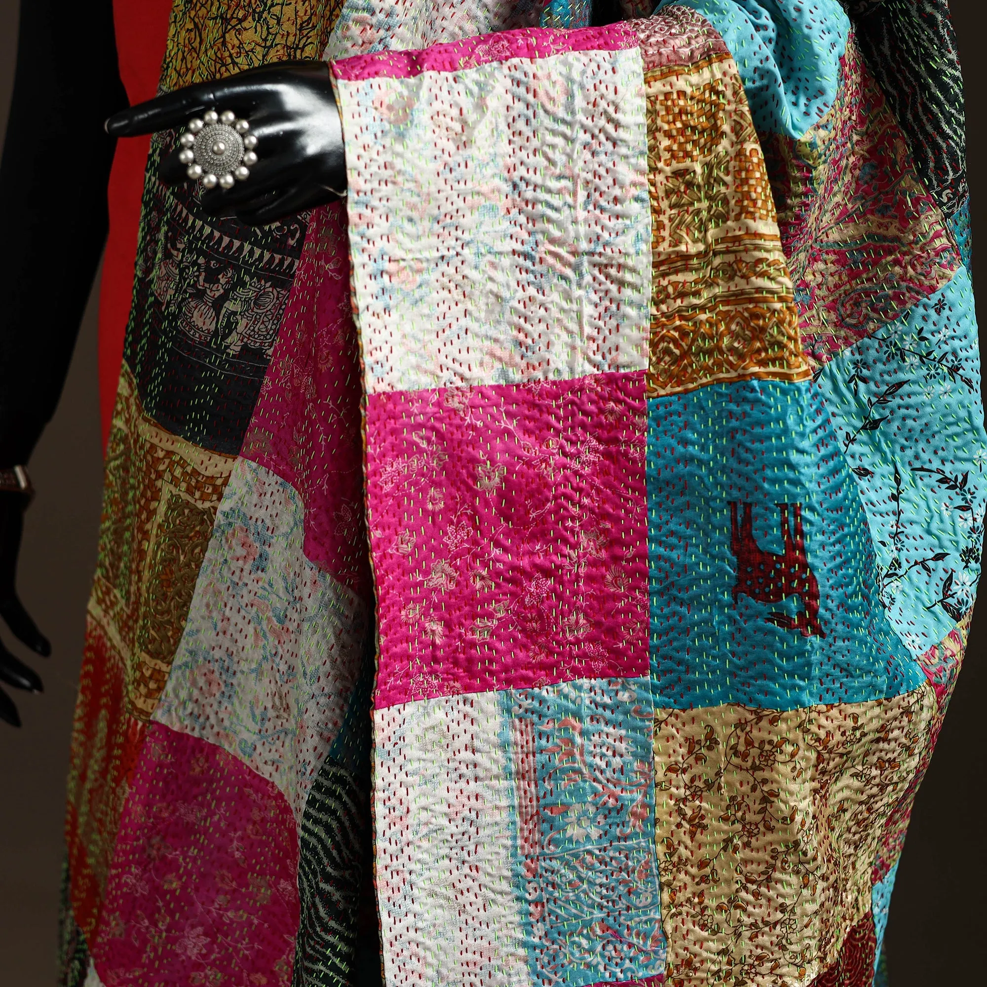 Multicolor - Bengal Hand Embroidery Patchwork Reversible Silk Kantha Dupatta 77 sold by Itokri product image thumbnail 3