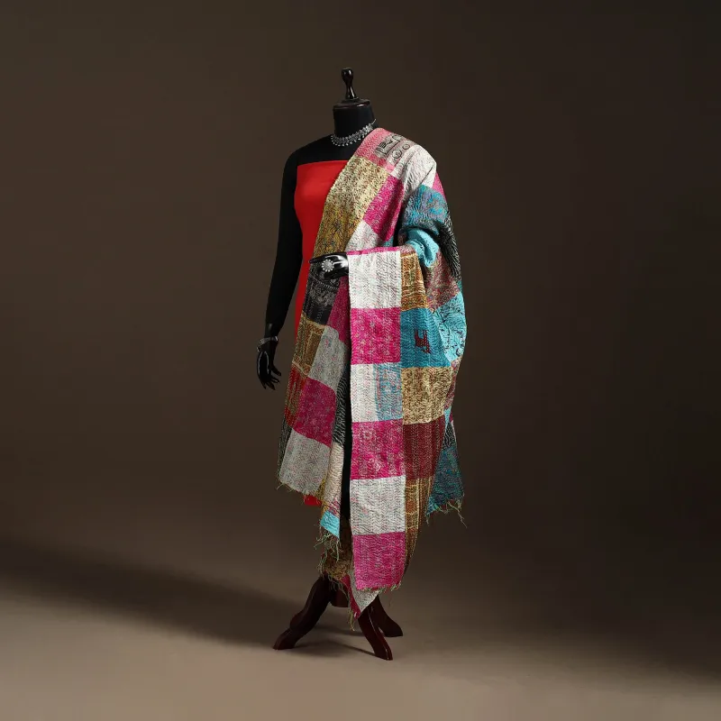 Multicolor - Bengal Hand Embroidery Patchwork Reversible Silk Kantha Dupatta 77 sold by Itokri