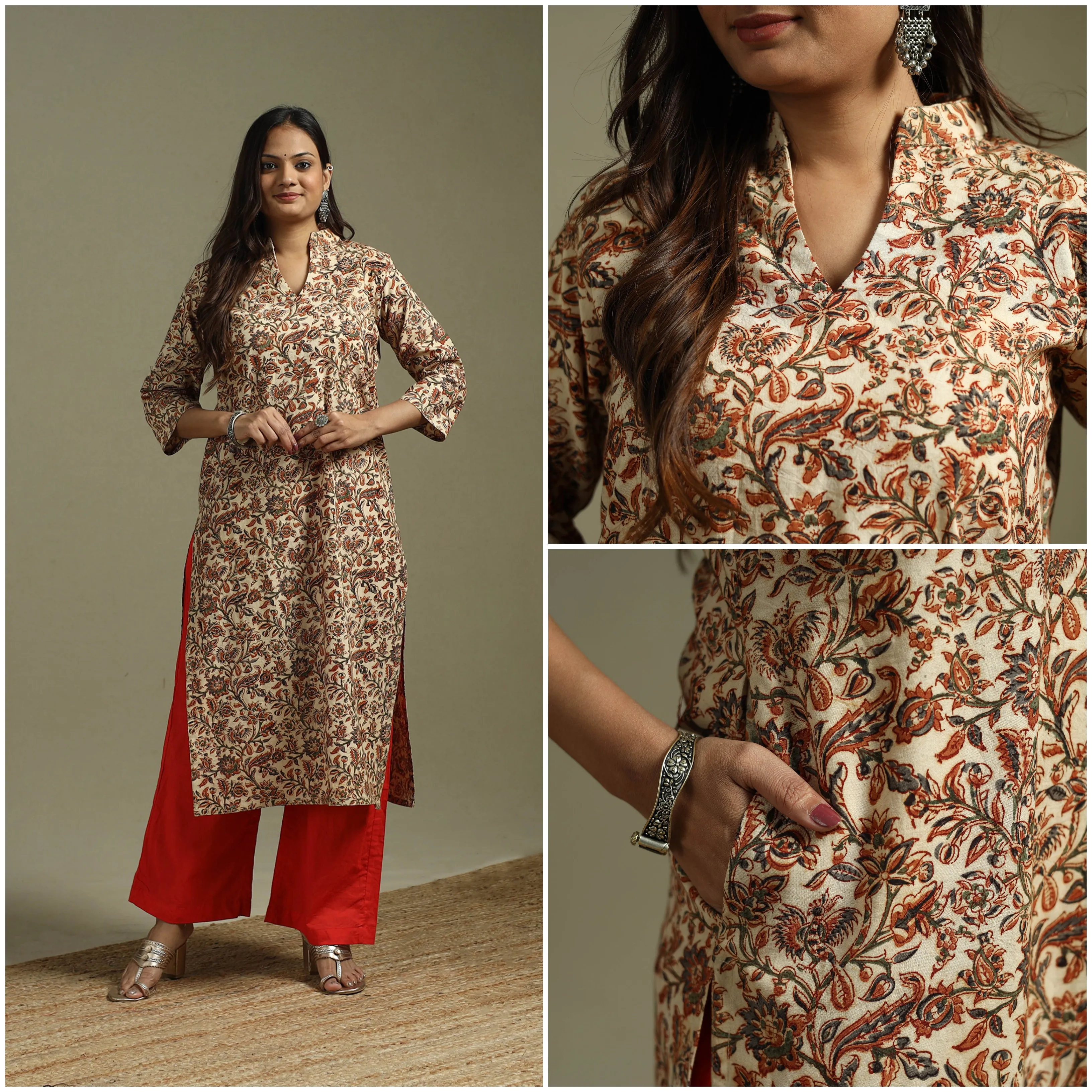 Beige - Pedana Block Print Natural Dyed Cotton Straight Kalamkari Kurta 04 sold by Itokri product image thumbnail 3