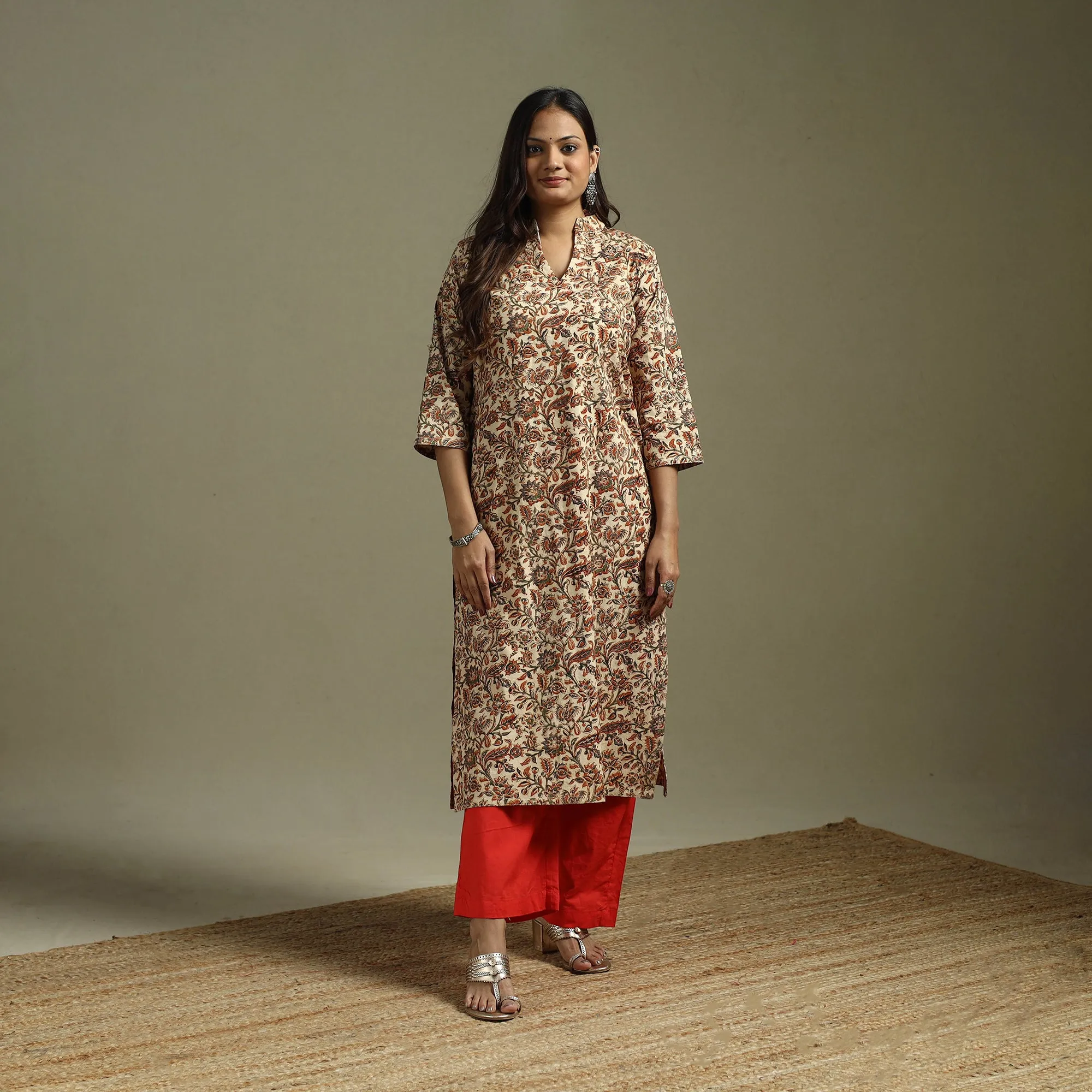 Beige - Pedana Block Print Natural Dyed Cotton Straight Kalamkari Kurta 04 sold by Itokri