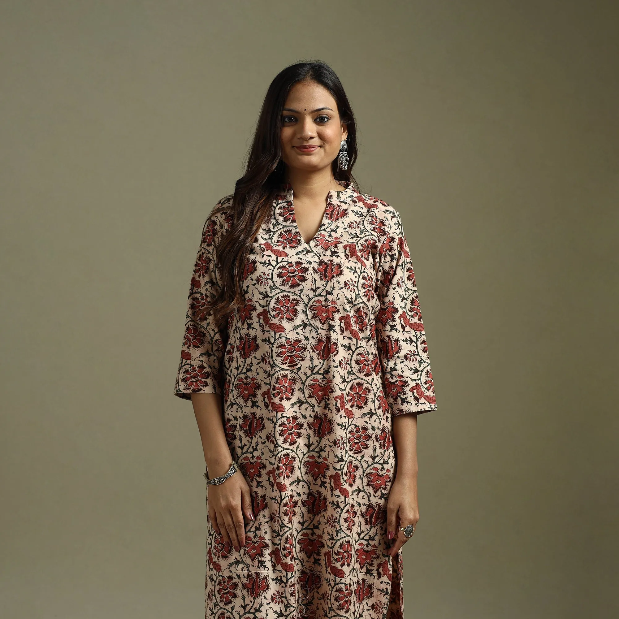 Beige - Pedana Block Print Natural Dyed Cotton Straight Kalamkari Kurta 06 sold by Itokri product image thumbnail 2