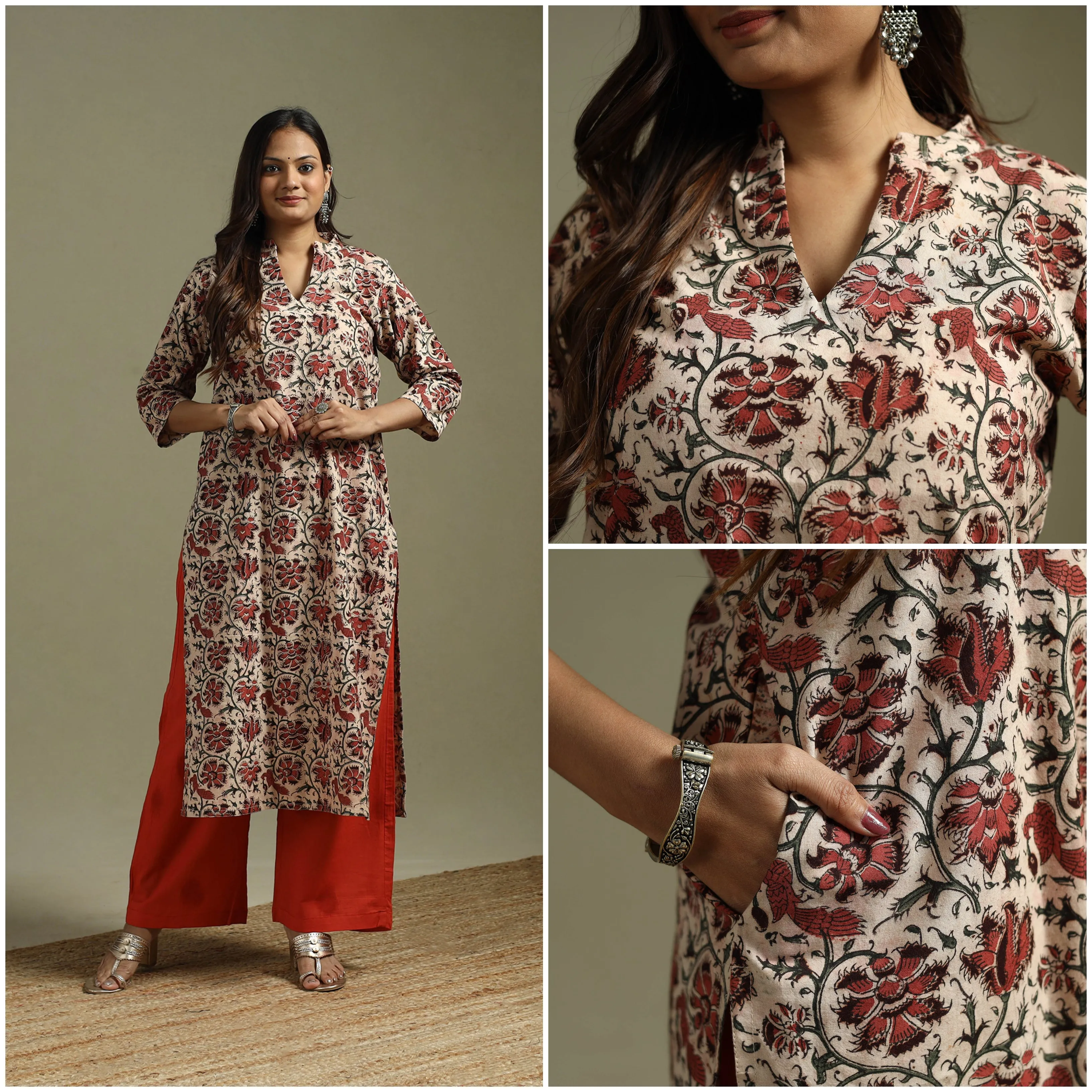 Beige - Pedana Block Print Natural Dyed Cotton Straight Kalamkari Kurta 06 sold by Itokri product image thumbnail 3