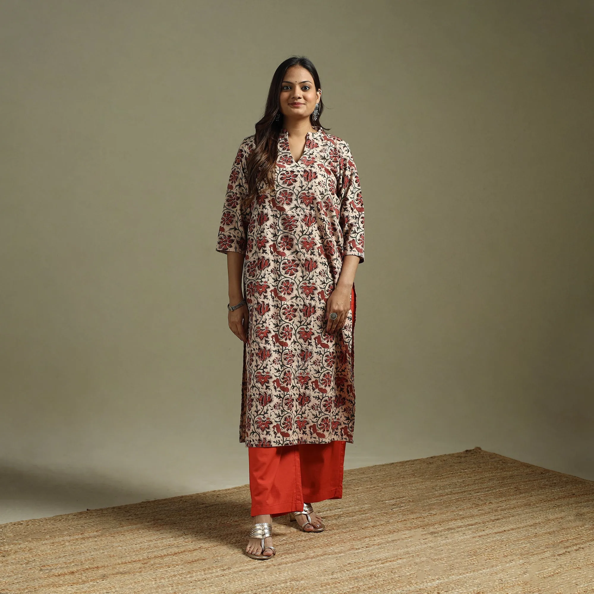 Beige - Pedana Block Print Natural Dyed Cotton Straight Kalamkari Kurta 06 sold by Itokri