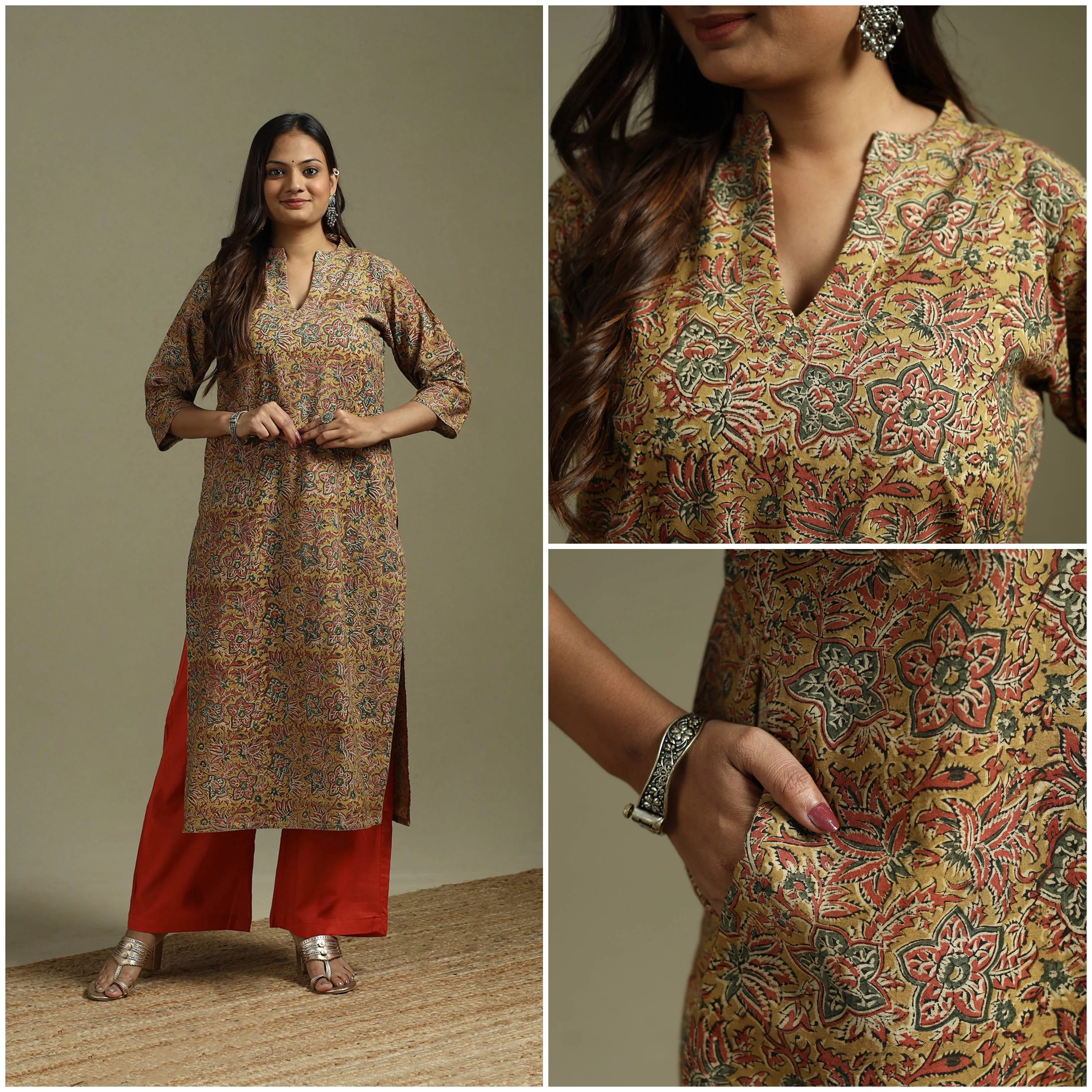 Yellow - Pedana Block Print Natural Dyed Cotton Straight Kalamkari Kurta 07 sold by Itokri product image thumbnail 3