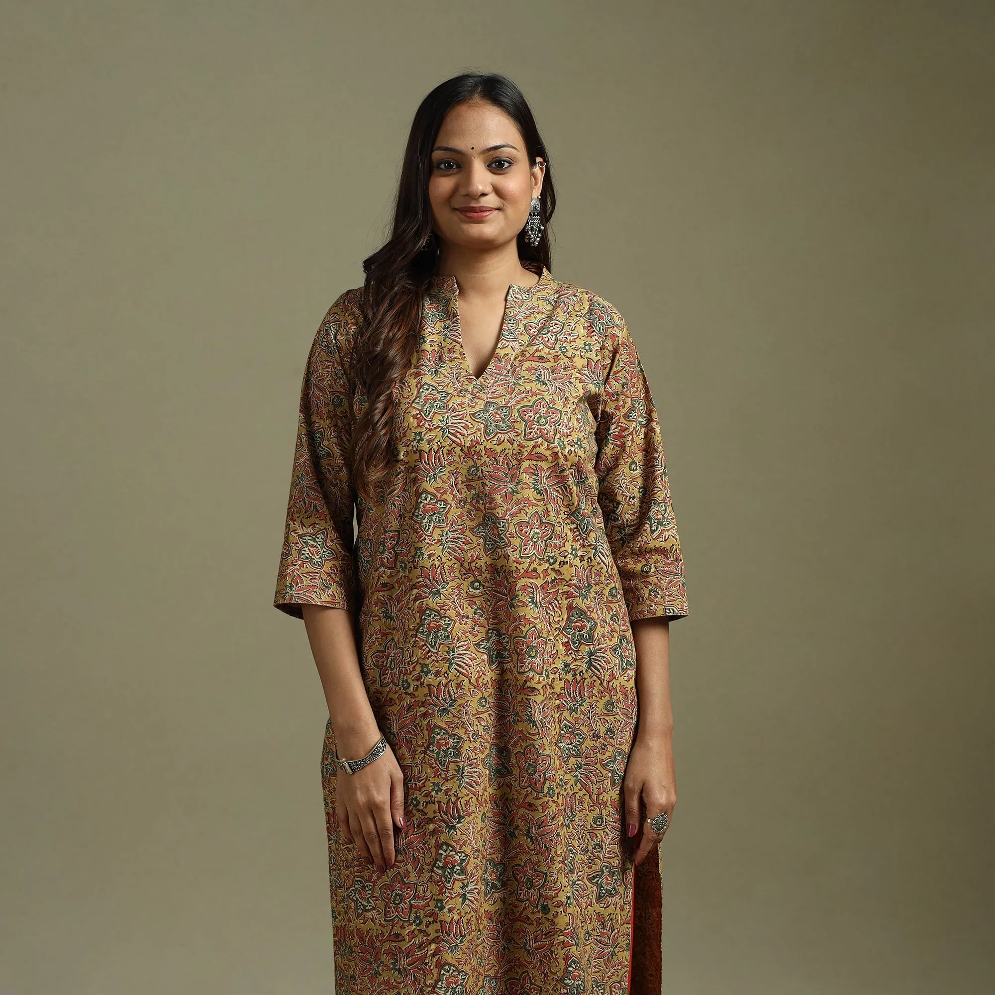 Yellow - Pedana Block Print Natural Dyed Cotton Straight Kalamkari Kurta 07 sold by Itokri product image thumbnail 2