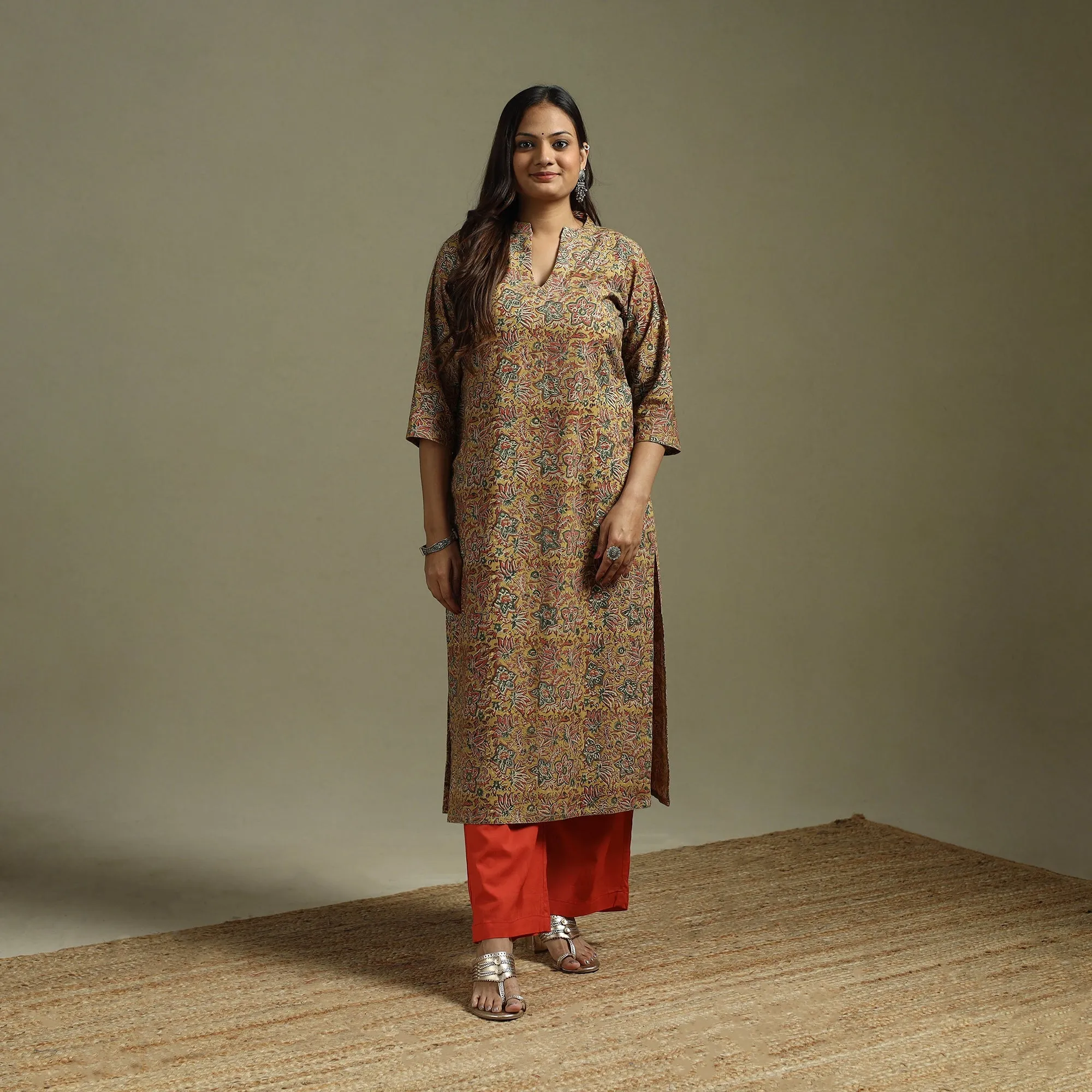 Yellow - Pedana Block Print Natural Dyed Cotton Straight Kalamkari Kurta 07 sold by Itokri