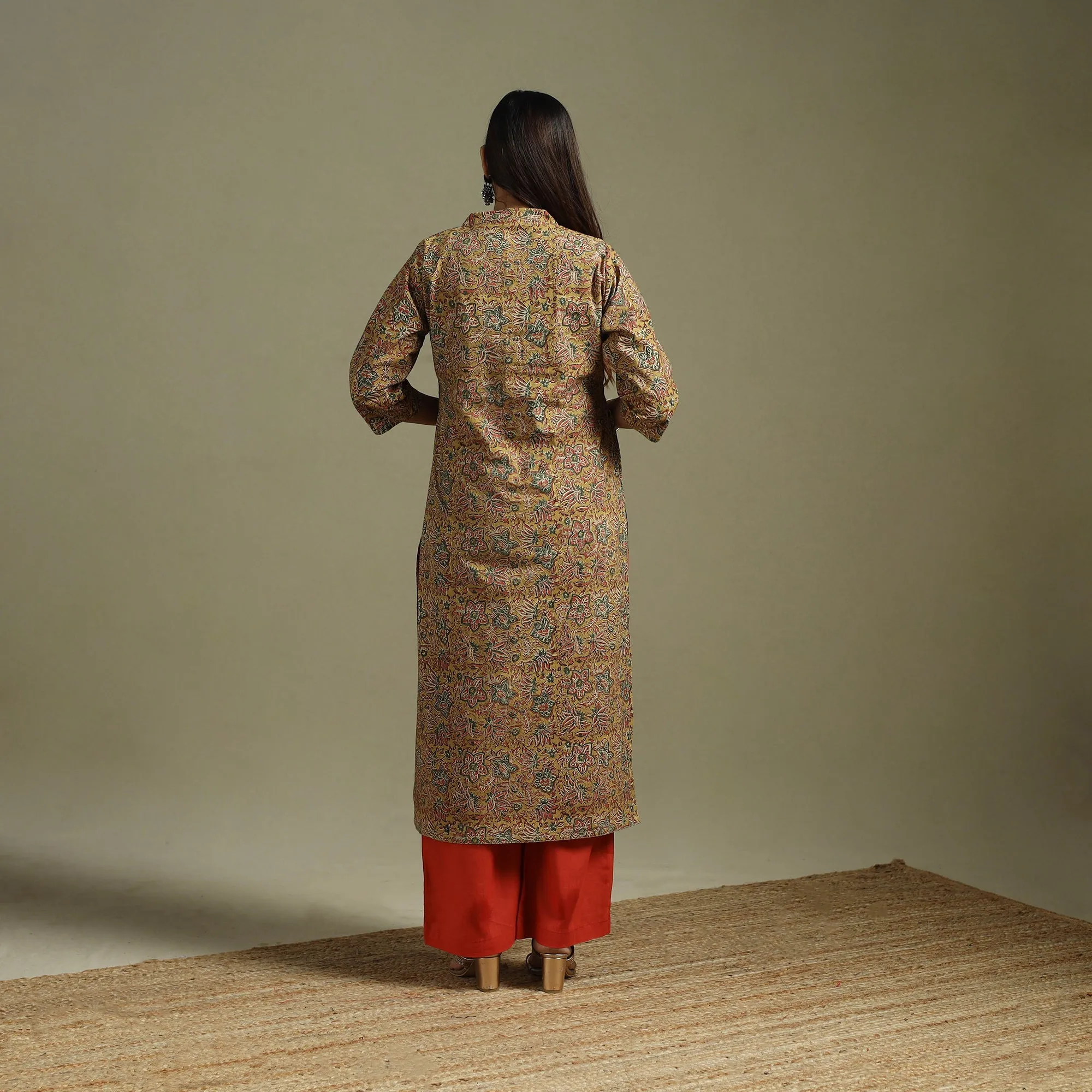 Yellow - Pedana Block Print Natural Dyed Cotton Straight Kalamkari Kurta 07 sold by Itokri product image thumbnail 4