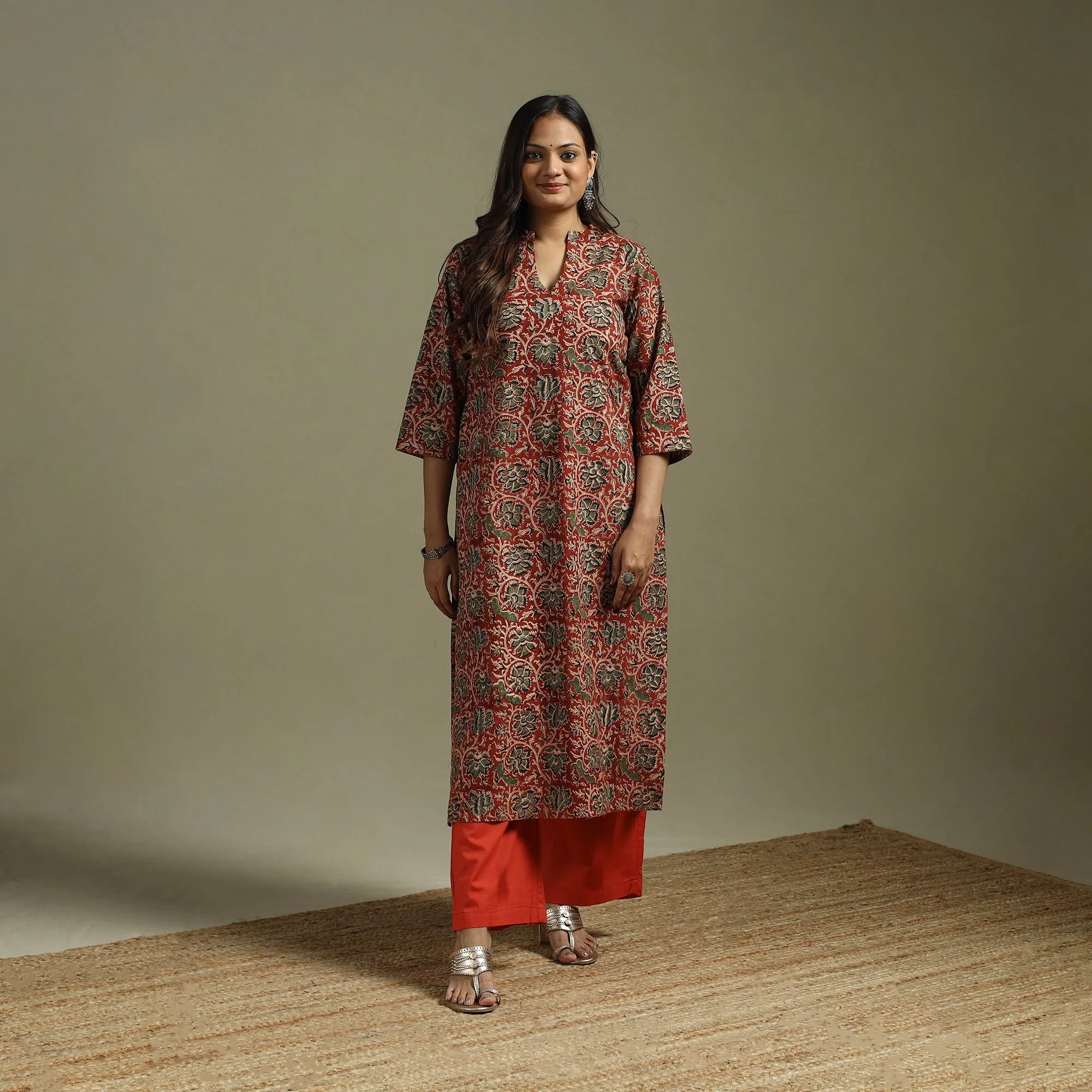 Red - Pedana Block Print Natural Dyed Cotton Straight Kalamkari Kurta 08 sold by Itokri