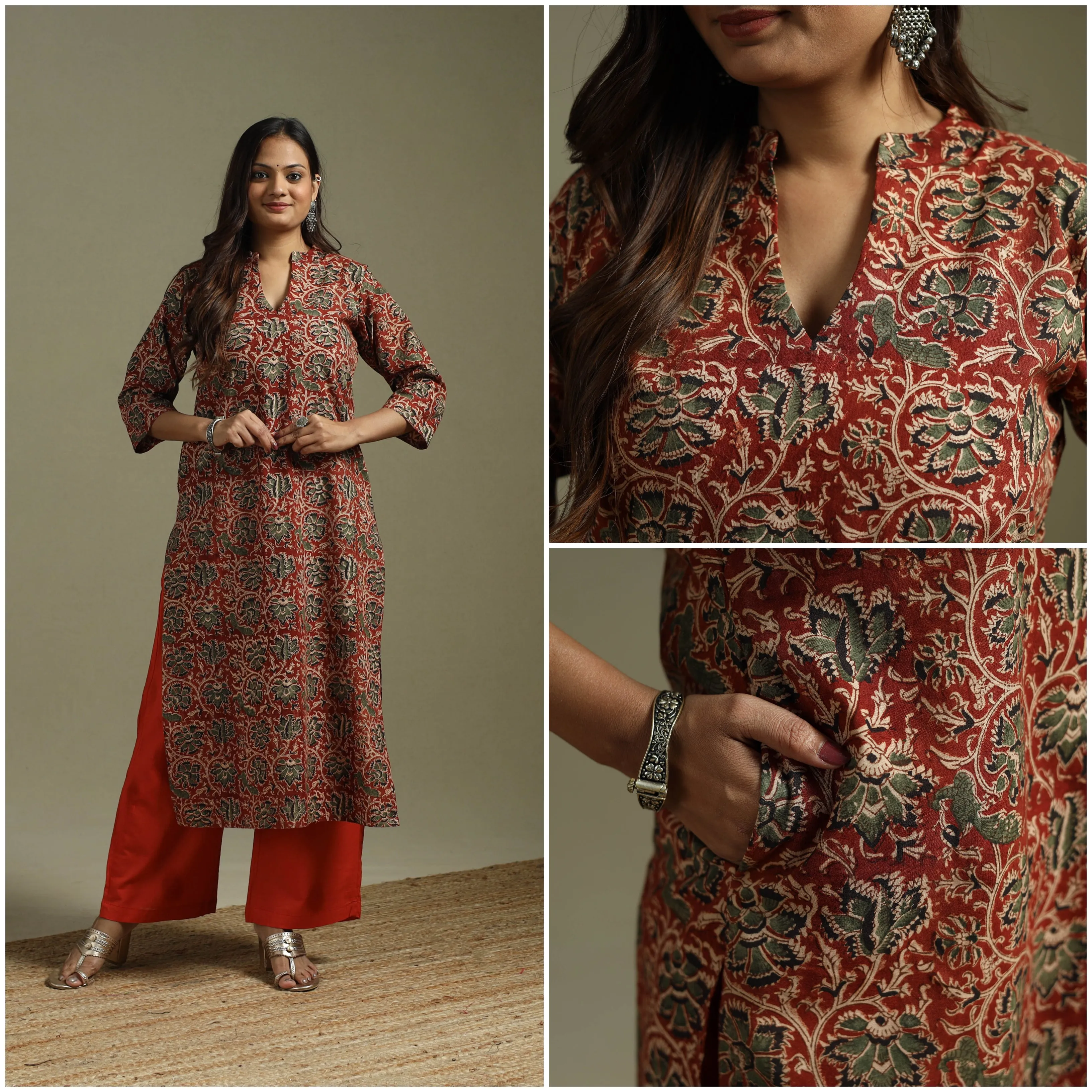 Red - Pedana Block Print Natural Dyed Cotton Straight Kalamkari Kurta 08 sold by Itokri product image thumbnail 3