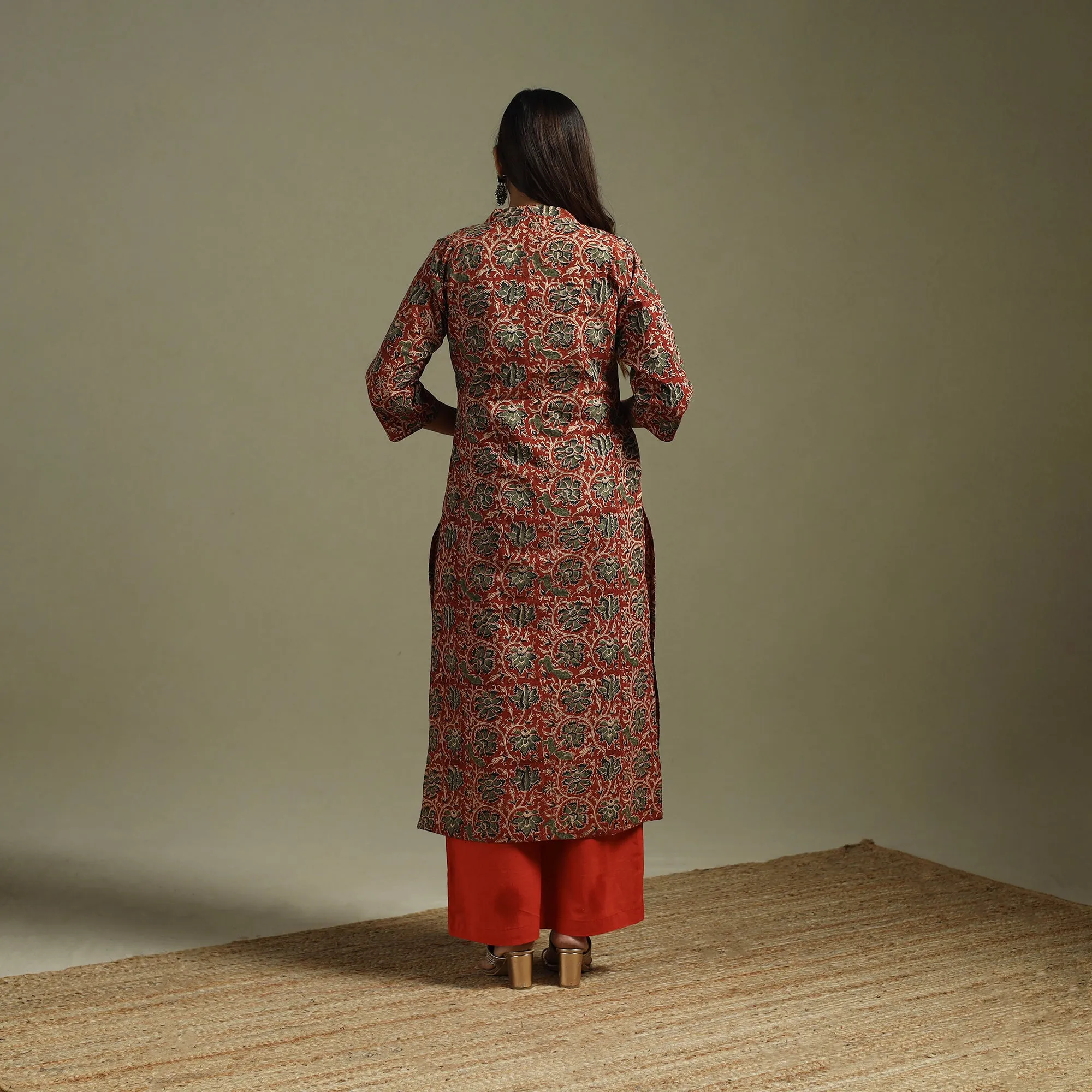 Red - Pedana Block Print Natural Dyed Cotton Straight Kalamkari Kurta 08 sold by Itokri product image thumbnail 4
