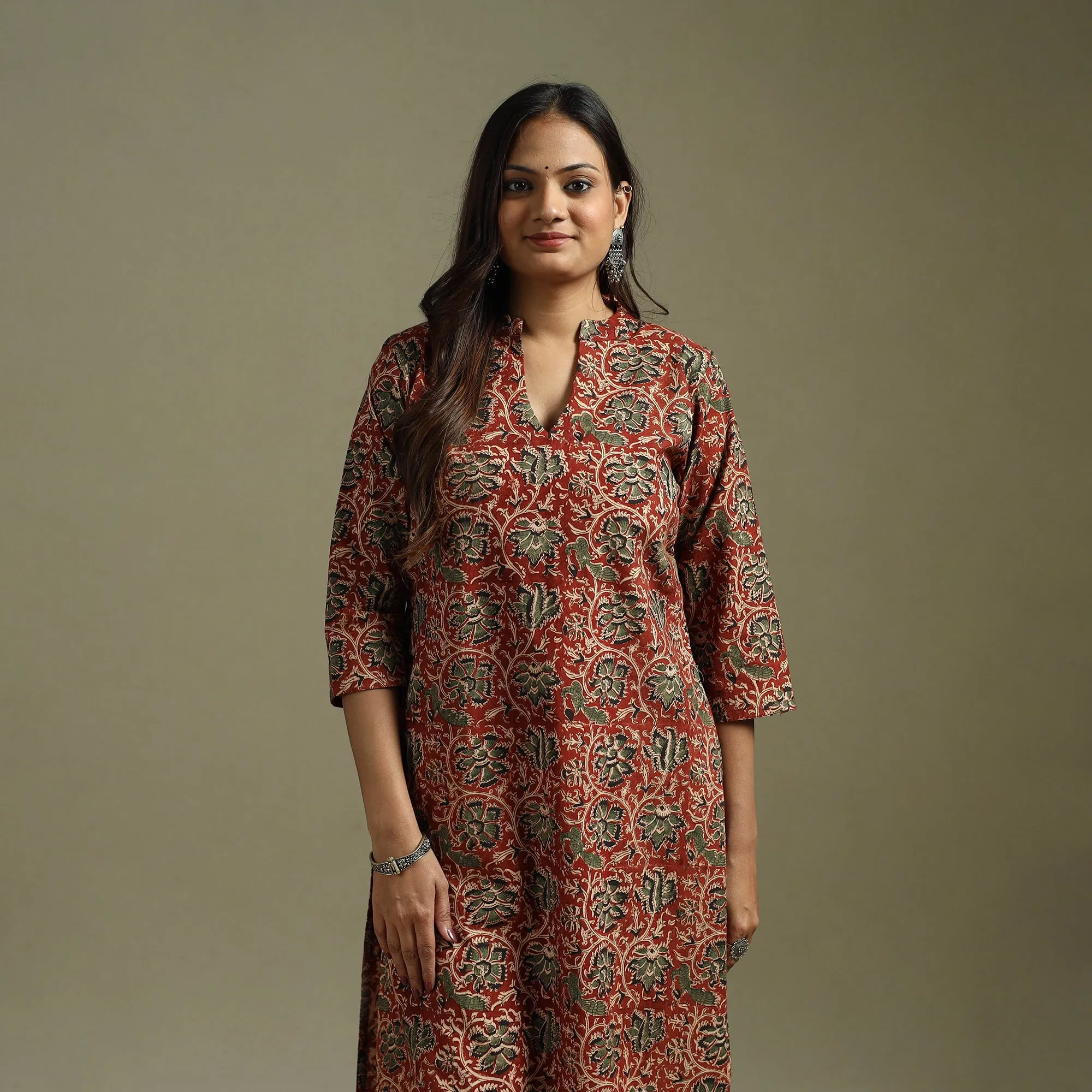 Red - Pedana Block Print Natural Dyed Cotton Straight Kalamkari Kurta 08 sold by Itokri product image thumbnail 2