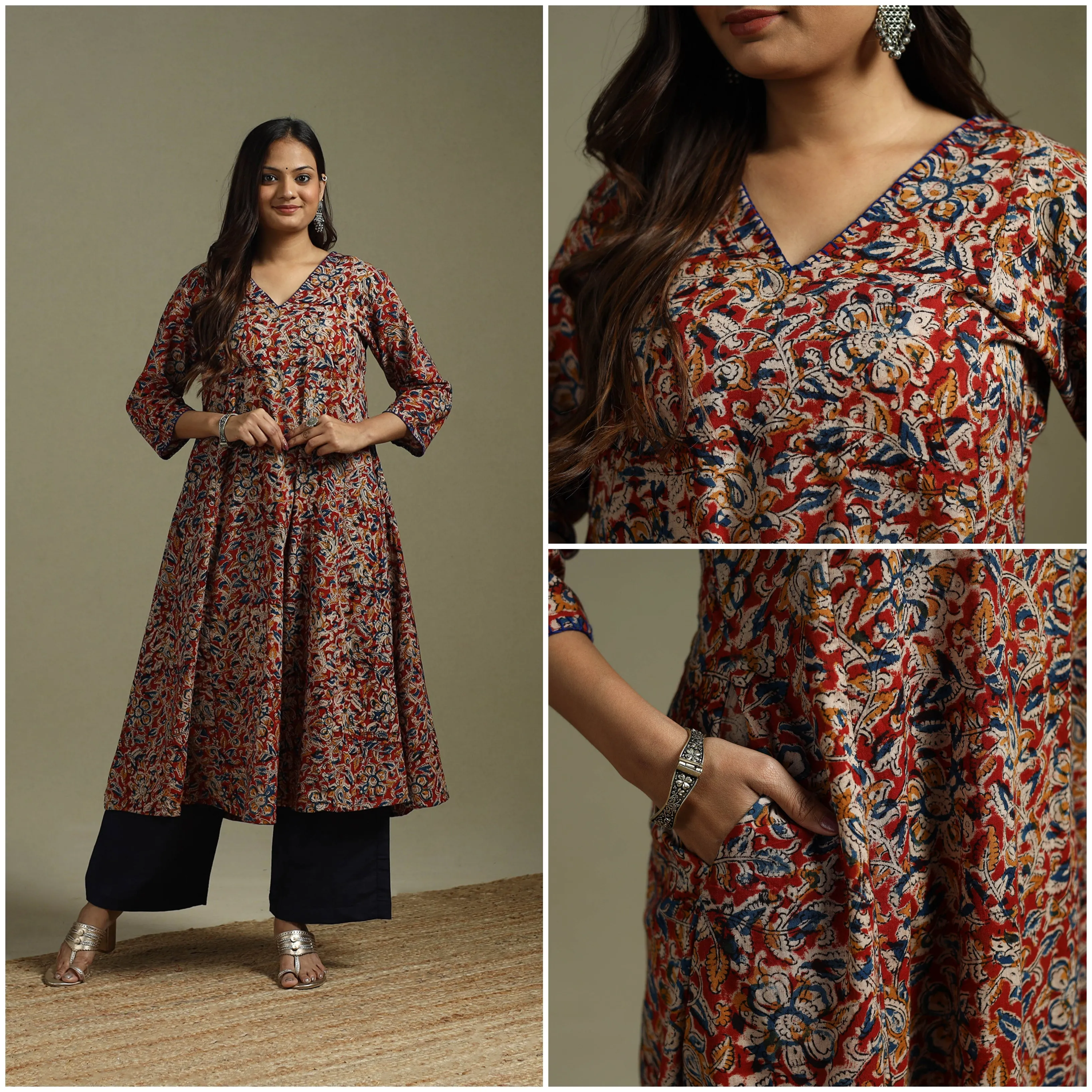 Red - Pedana Block Print Natural Dyed Cotton Hand Embroidery A-Line Kalamkari Kurta 10 sold by Itokri product image thumbnail 3