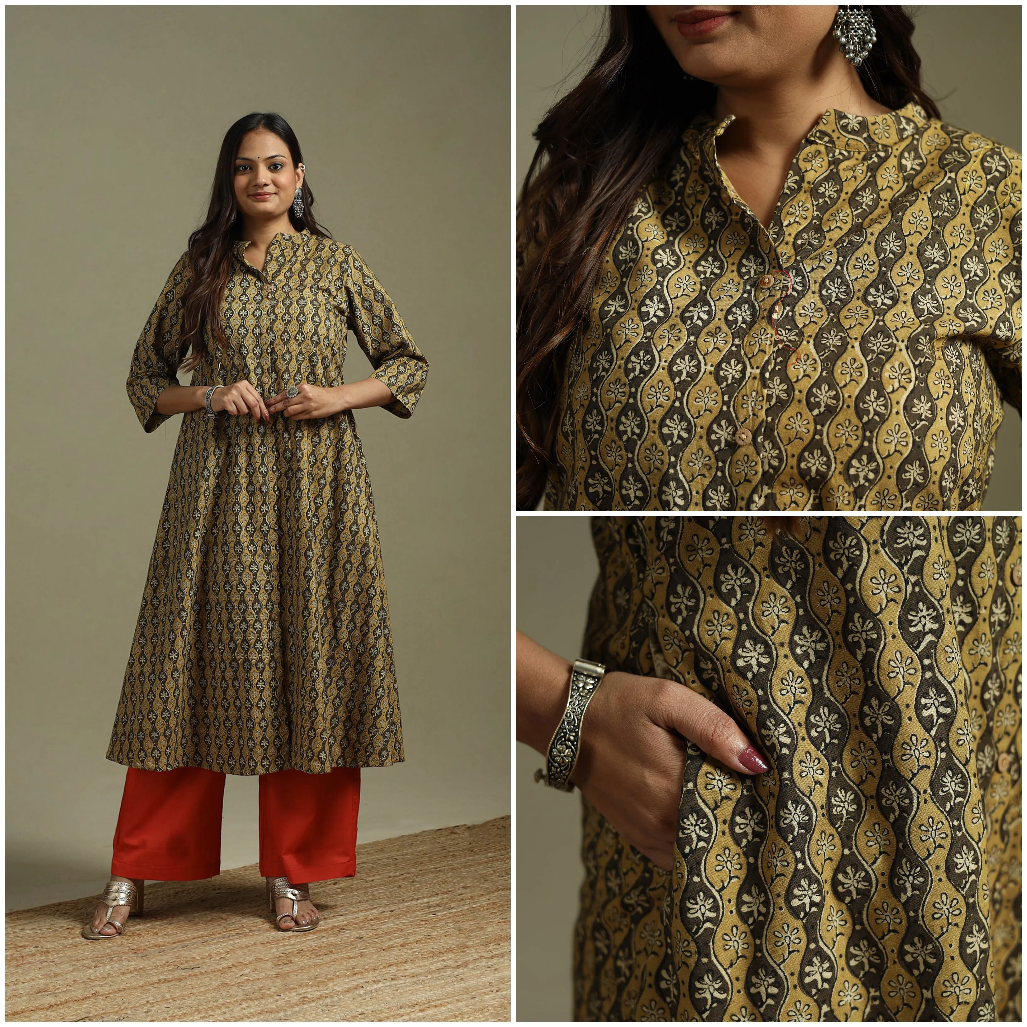 Brown - Pedana Block Print Natural Dyed Cotton A-Line Kalamkari Kurta 03 sold by Itokri product image thumbnail 3