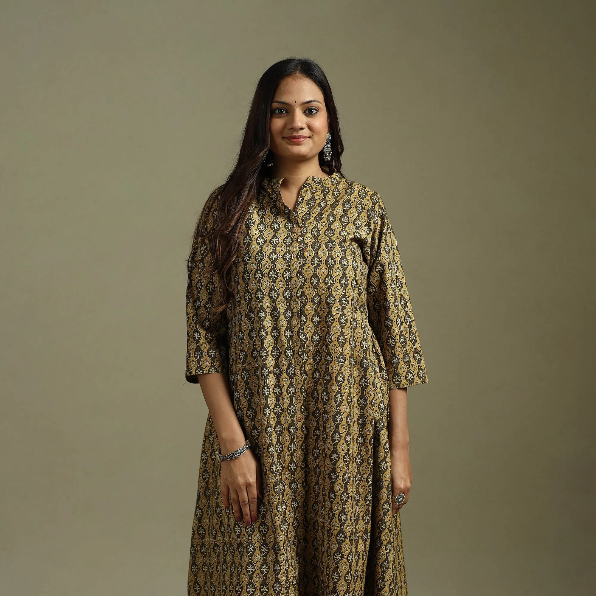 Brown - Pedana Block Print Natural Dyed Cotton A-Line Kalamkari Kurta 03 sold by Itokri product image thumbnail 2
