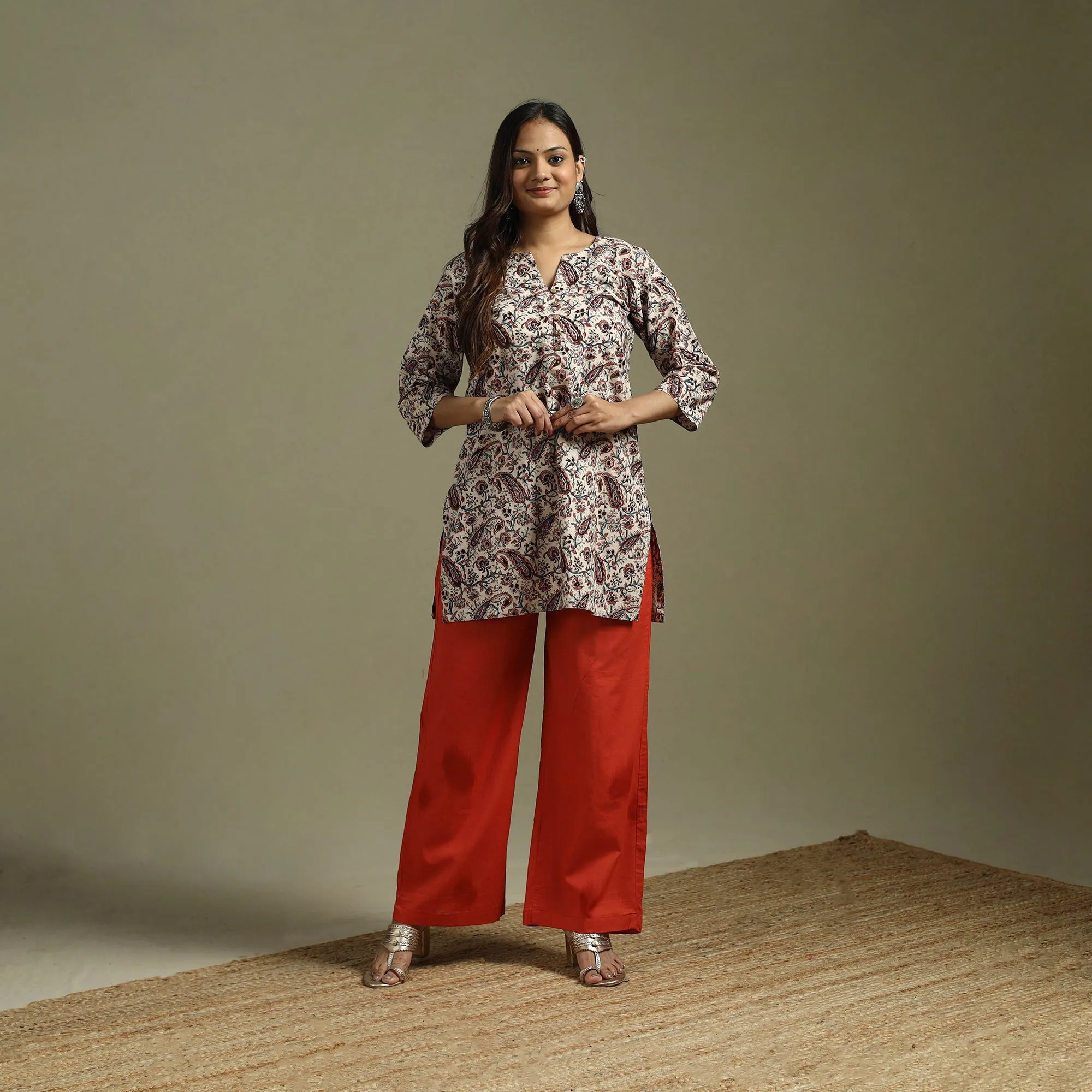 Beige - Pedana Block Print Natural Dyed Cotton Short Kalamkari Kurta 14 sold by Itokri product image thumbnail 3