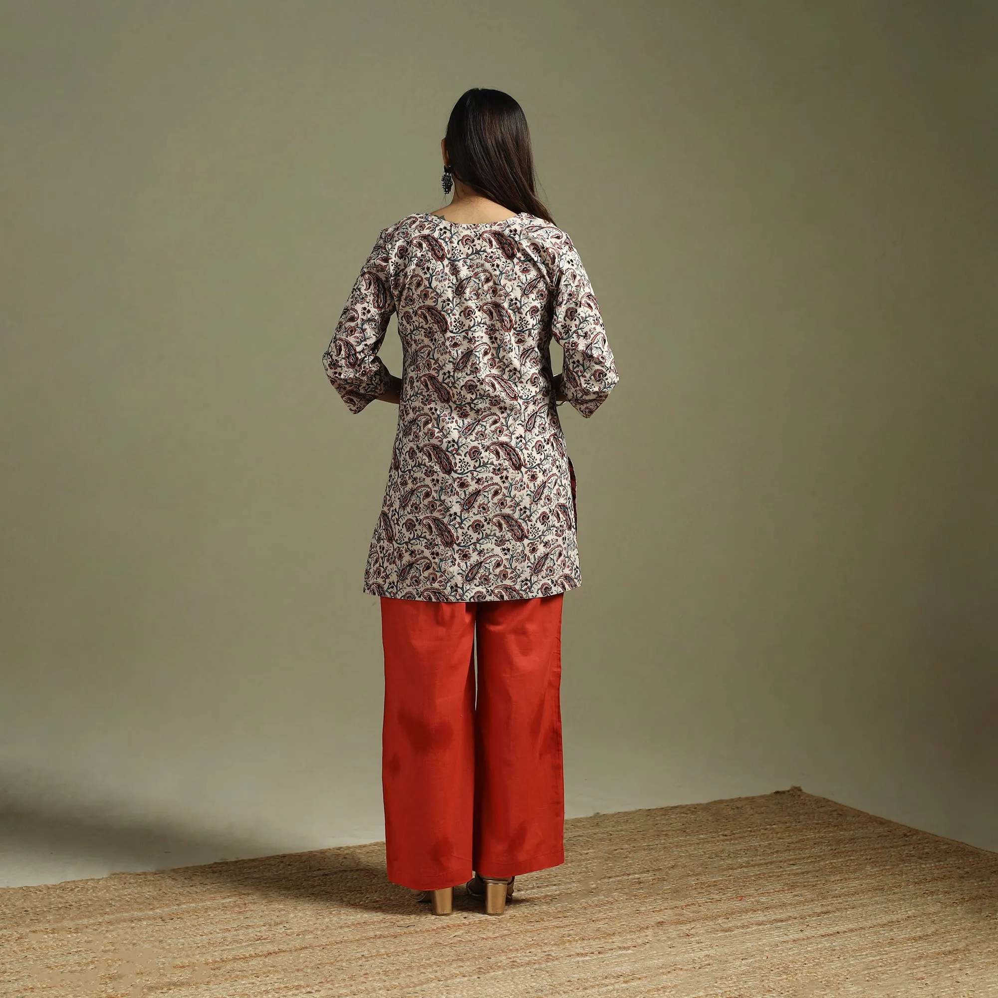 Beige - Pedana Block Print Natural Dyed Cotton Short Kalamkari Kurta 14 sold by Itokri product image thumbnail 5