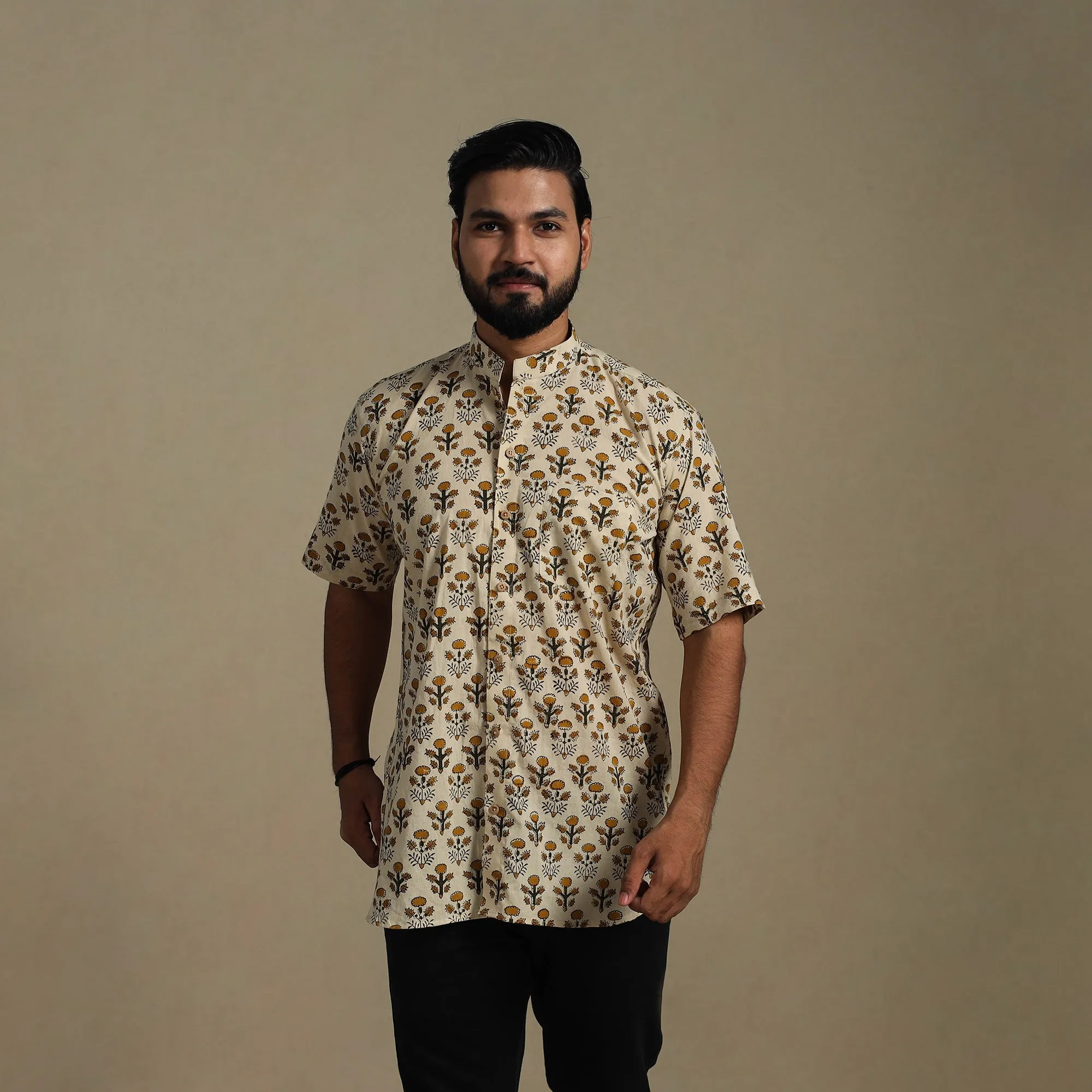 Beige - Natural Dyed Block Print Cotton Men Half Sleeve Bagru Shirt 03 sold by Itokri product image thumbnail 2