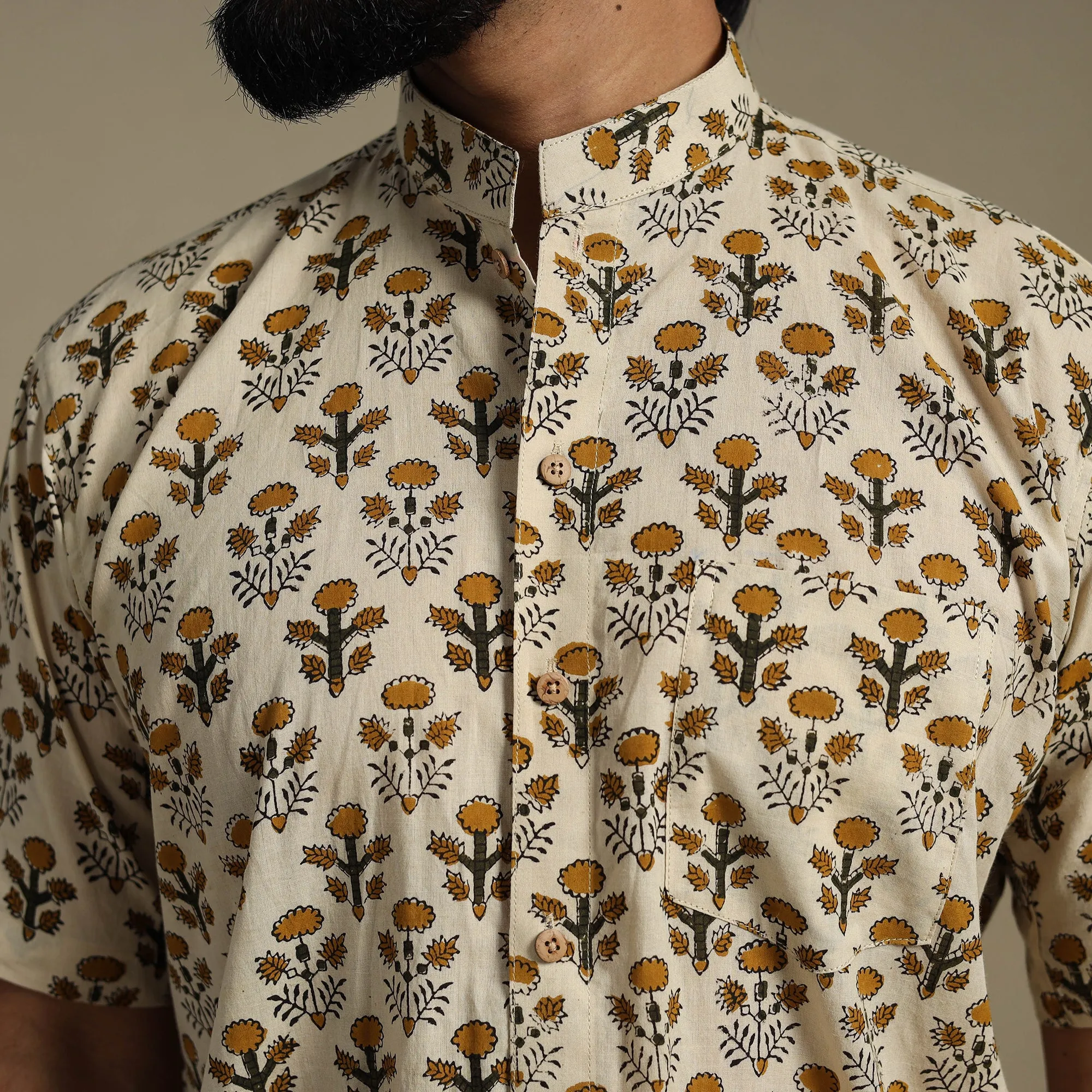 Beige - Natural Dyed Block Print Cotton Men Half Sleeve Bagru Shirt 03 sold by Itokri product image thumbnail 5