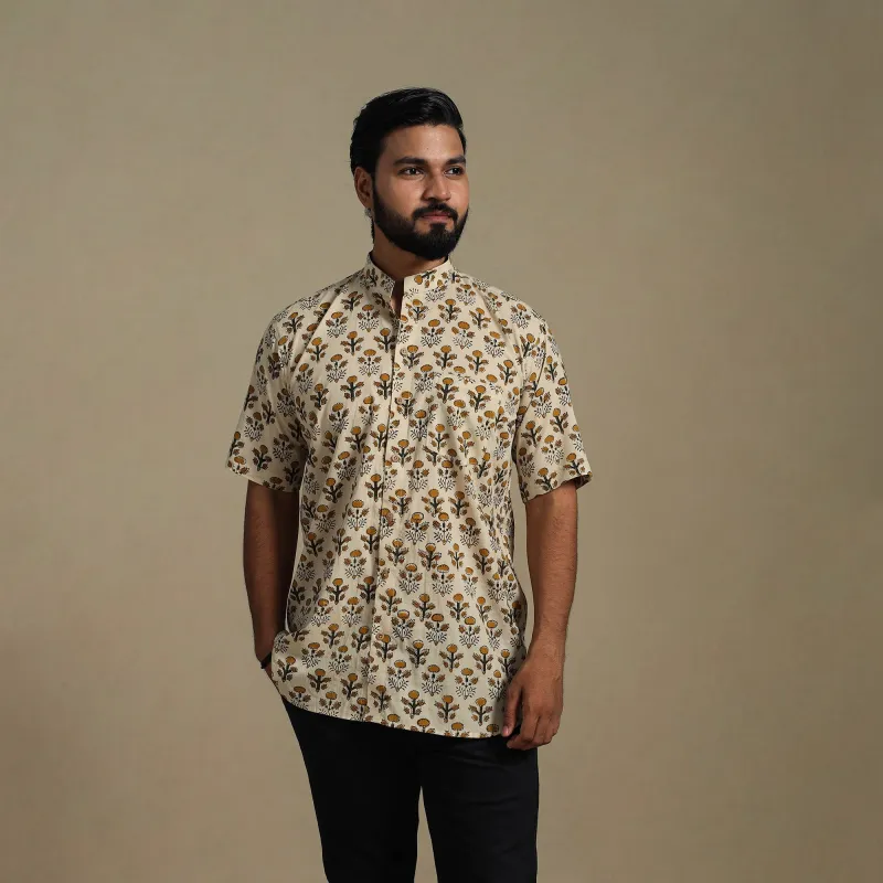 Beige - Natural Dyed Block Print Cotton Men Half Sleeve Bagru Shirt 03 sold by Itokri