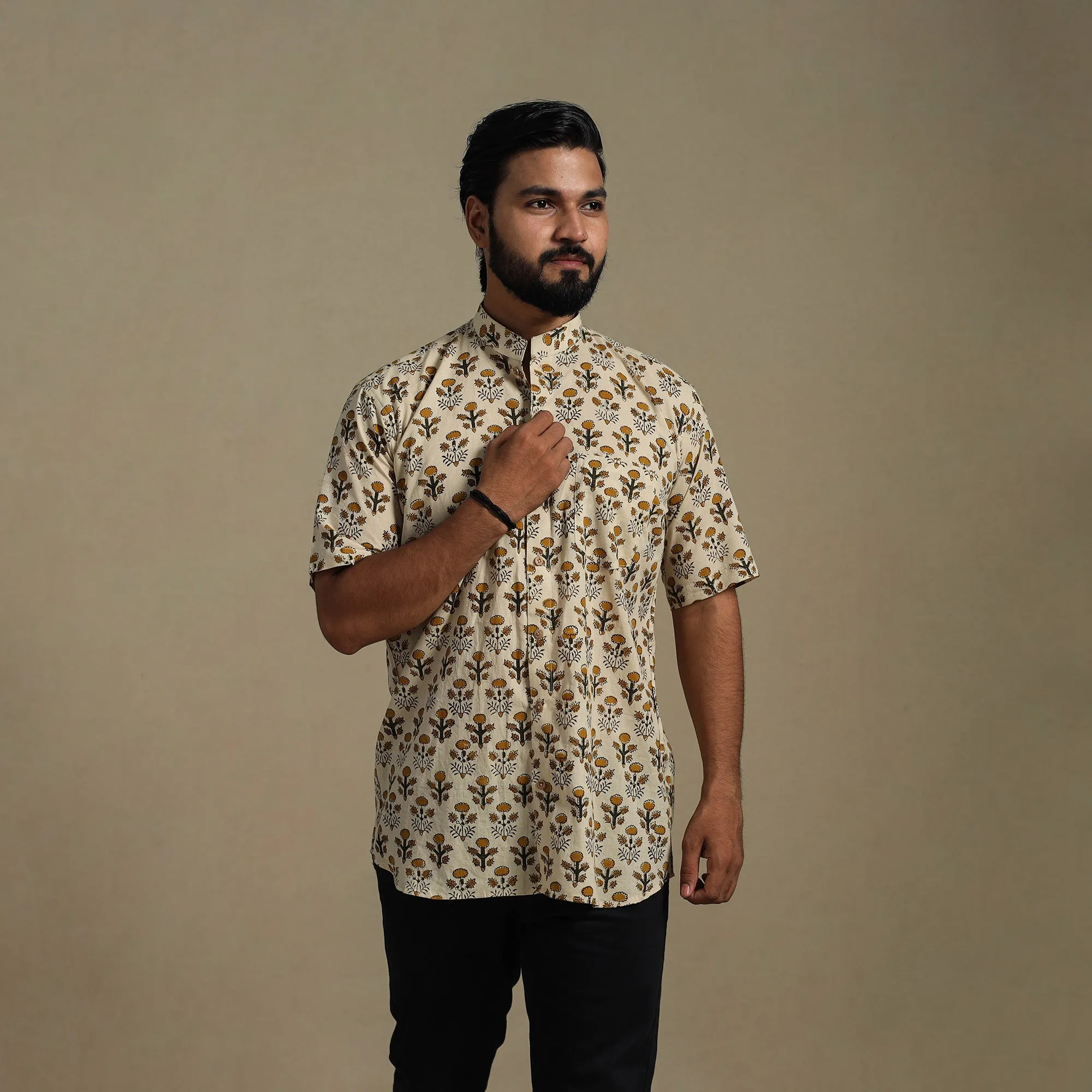 Beige - Natural Dyed Block Print Cotton Men Half Sleeve Bagru Shirt 03 sold by Itokri product image thumbnail 3