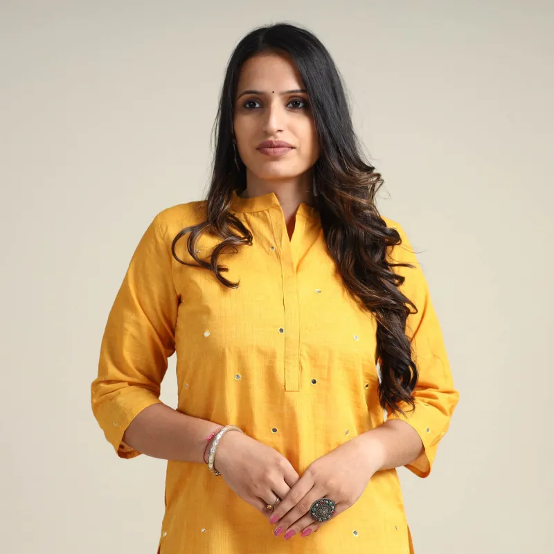 Yellow - Mangalagiri Pure Handloom Cotton Mirror Work Long Kurta sold by Itokri