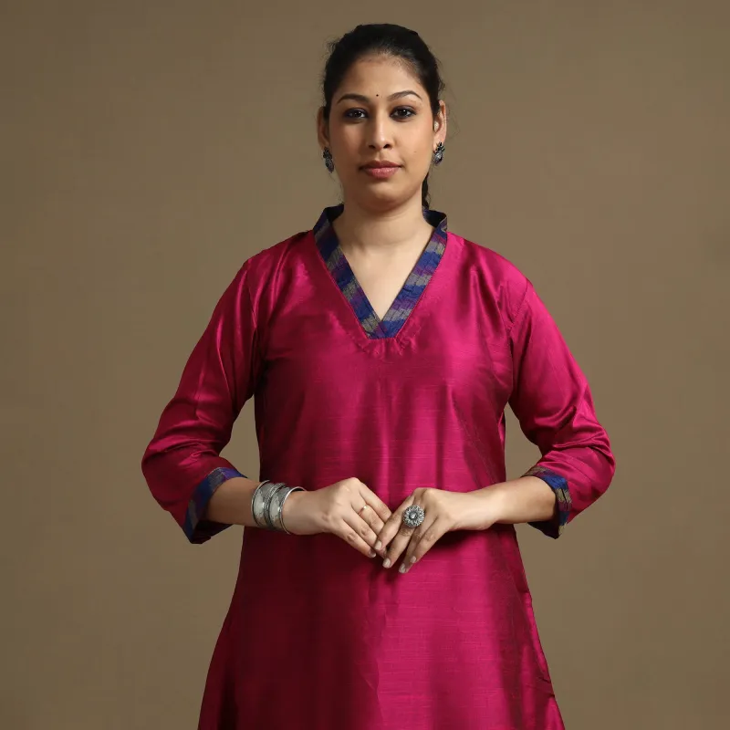 Dark Pink - Plain Solid Slub Silk A-Line Long Kurta made by Itokri