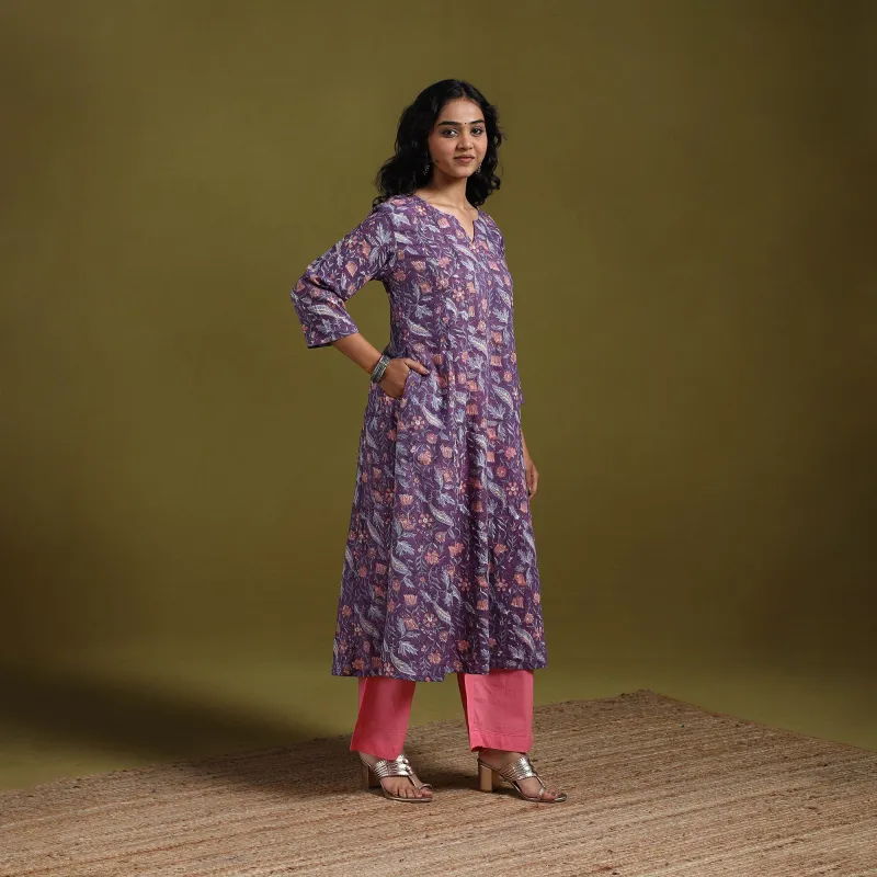 Purple - Hand Block Print Cotton A-Line Sanganeri Kurta for women 15 sold by Itokri