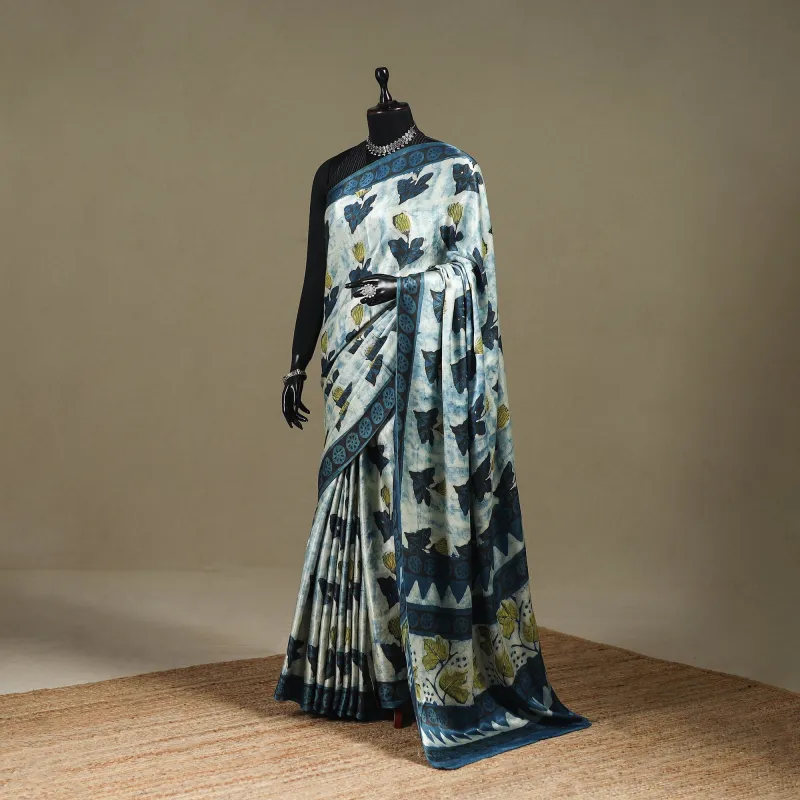 Blue - Modal Silk Hand Block Print Bagru Saree 13 sold by Itokri