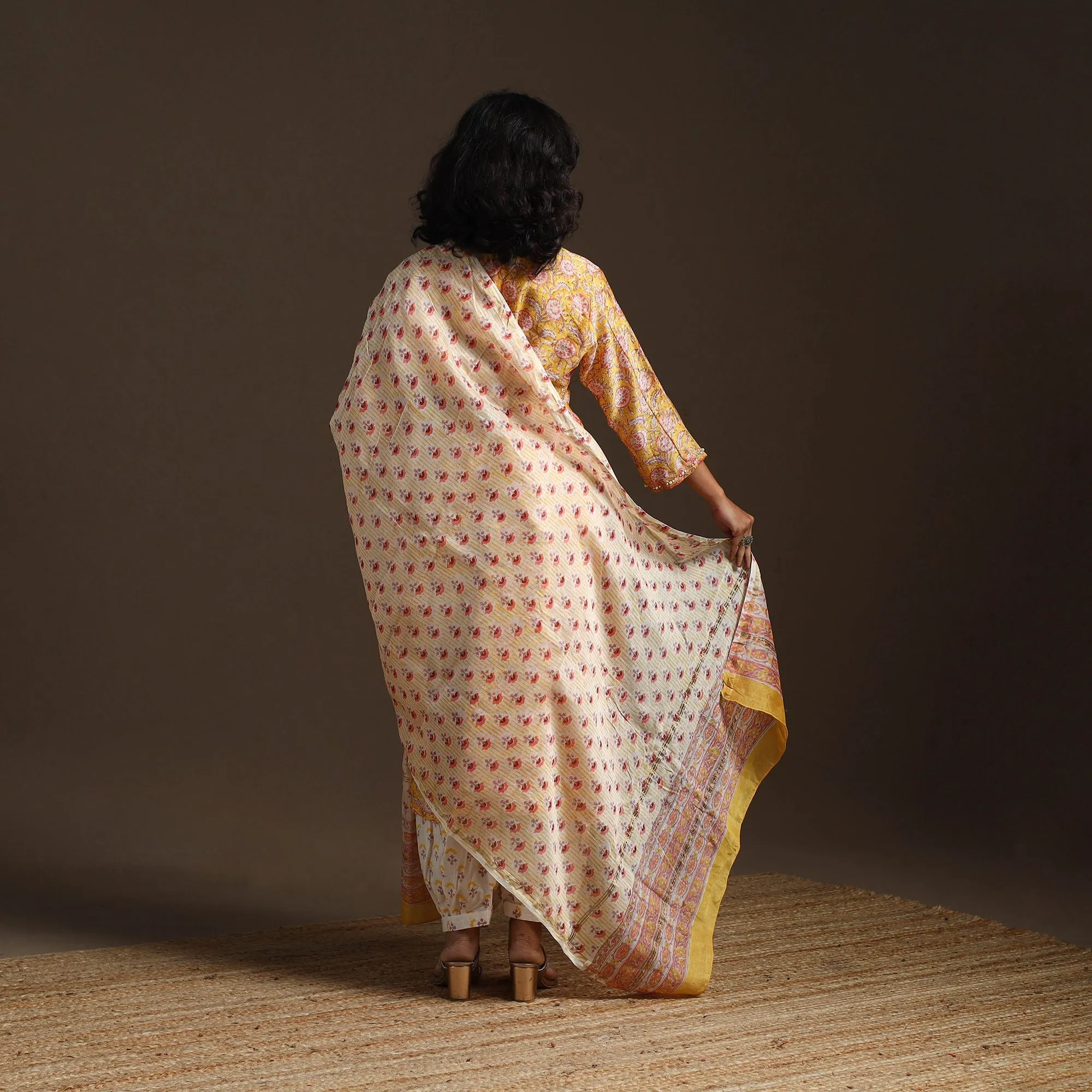 Yellow - Chanderi Silk Hand Embroidery Block Print Sanganeri Suit Set with Dupatta for women 07 sold by Itokri product image thumbnail 4