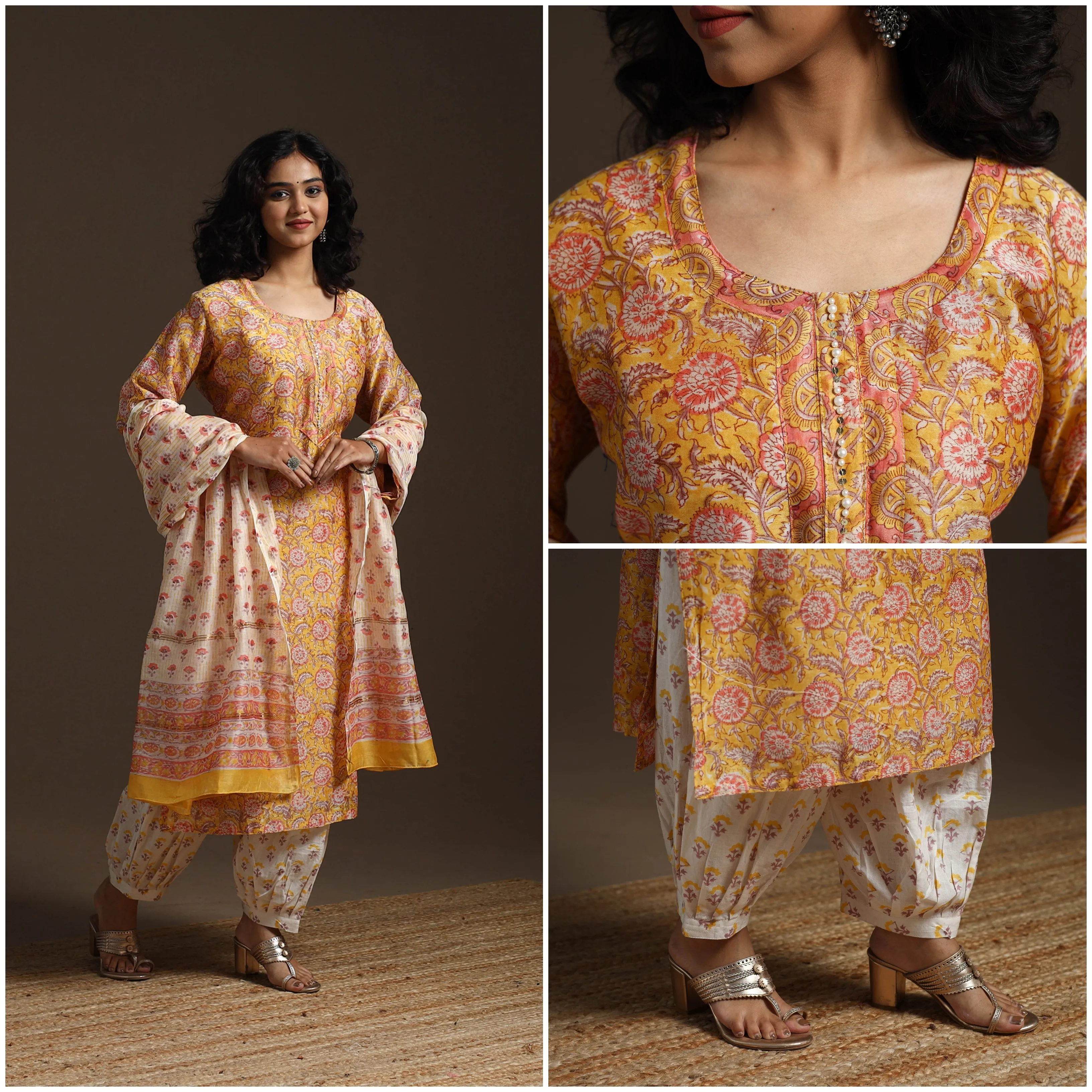 Yellow - Chanderi Silk Hand Embroidery Block Print Sanganeri Suit Set with Dupatta for women 07 sold by Itokri product image thumbnail 3