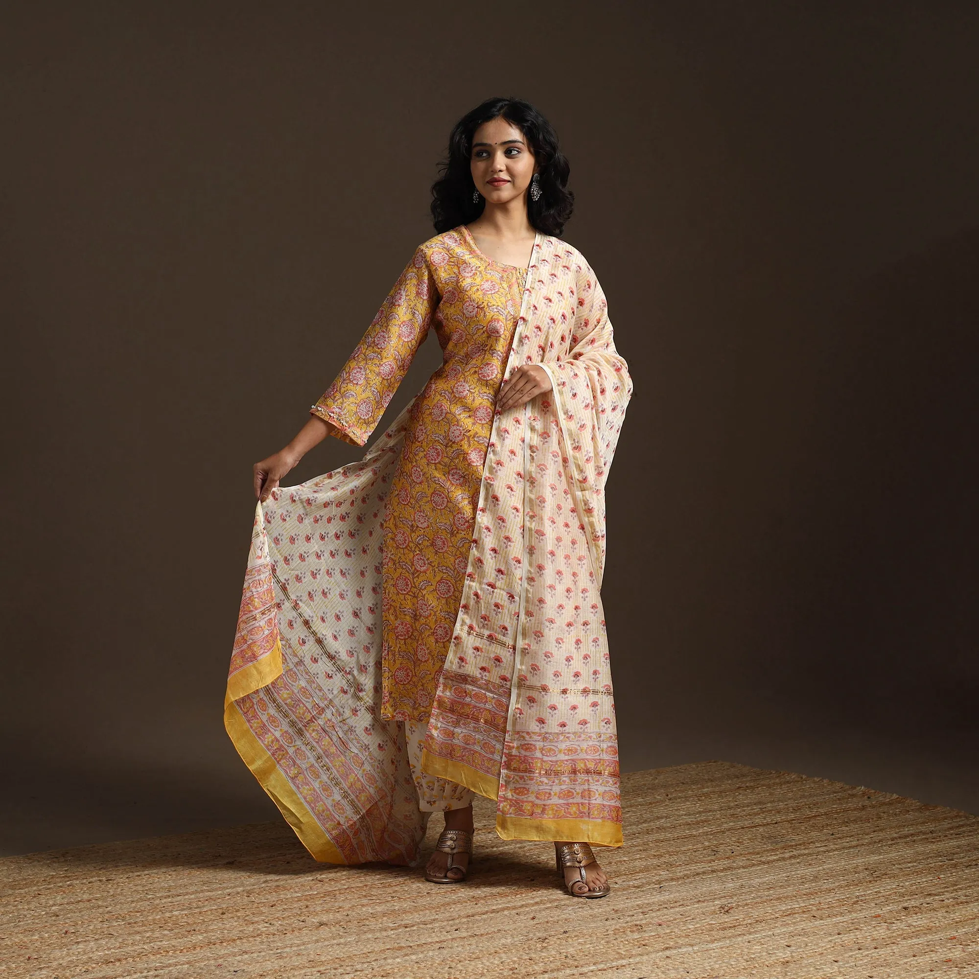 Yellow - Chanderi Silk Hand Embroidery Block Print Sanganeri Suit Set with Dupatta for women 07 sold by Itokri