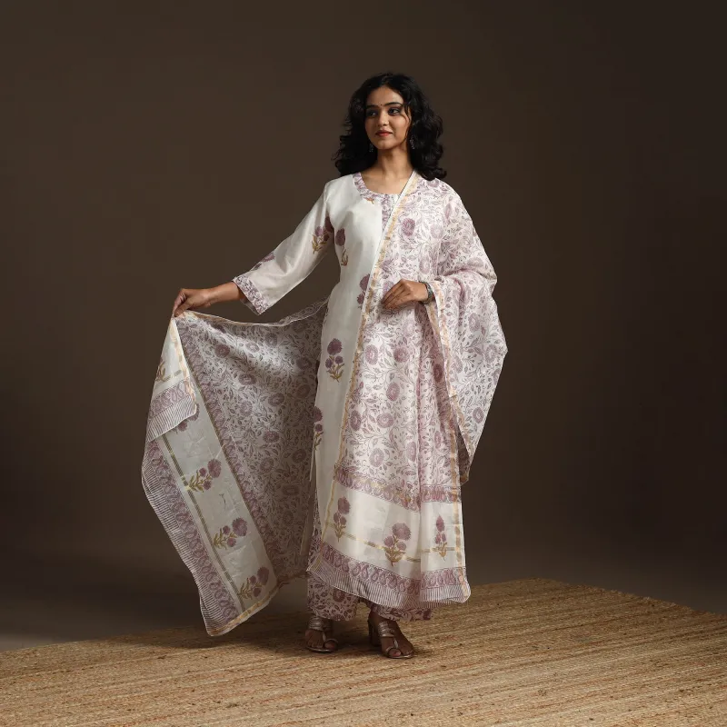White - Chanderi Silk Hand Embroidery Block Print Sanganeri Suit Set with Dupatta for women 08 sold by Itokri