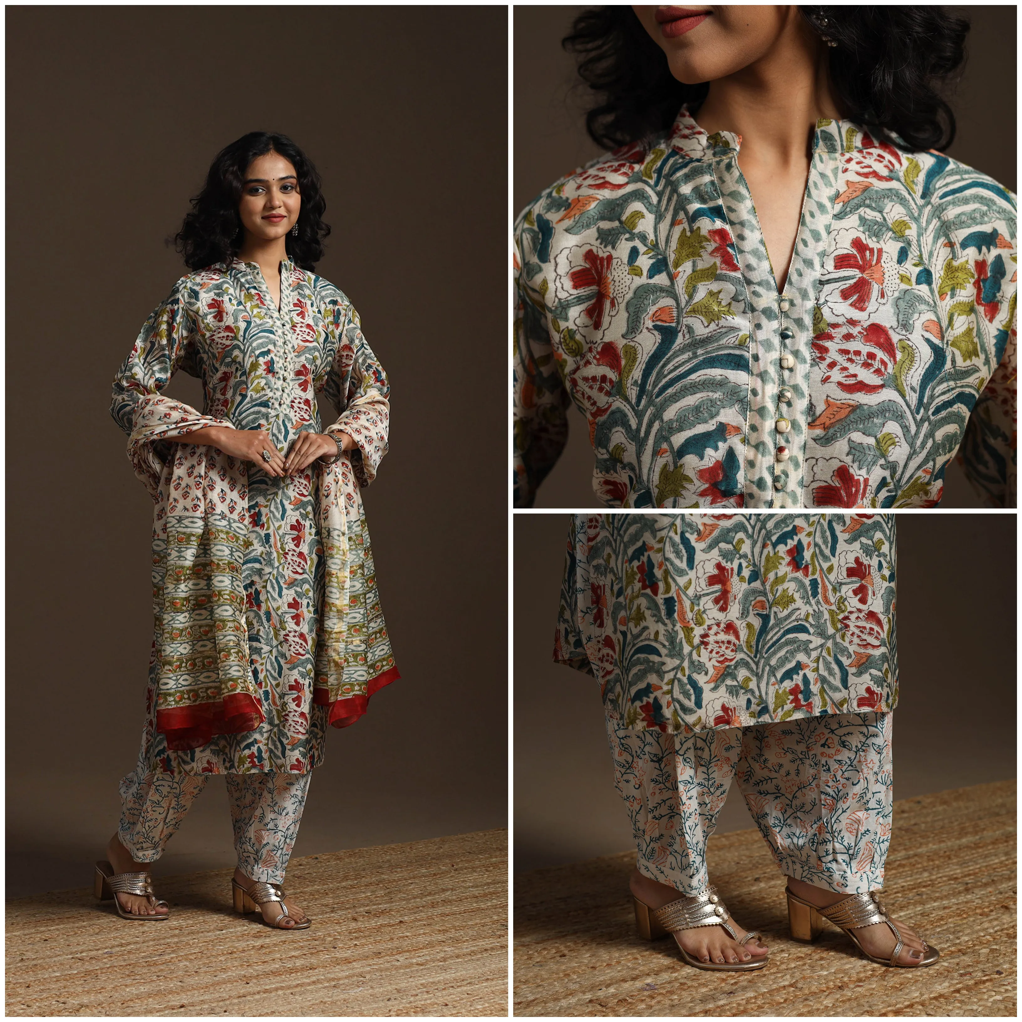 Multicolor - Chanderi Silk Block Print Sanganeri Suit Set with Dupatta for women 09 sold by Itokri product image thumbnail 3