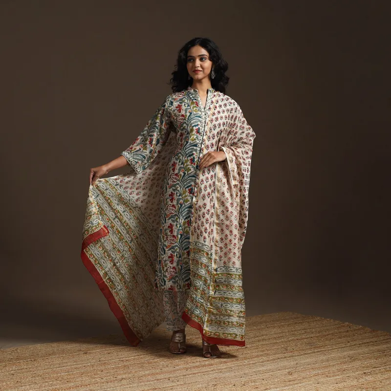 Multicolor - Chanderi Silk Block Print Sanganeri Suit Set with Dupatta for women 09 made by Itokri