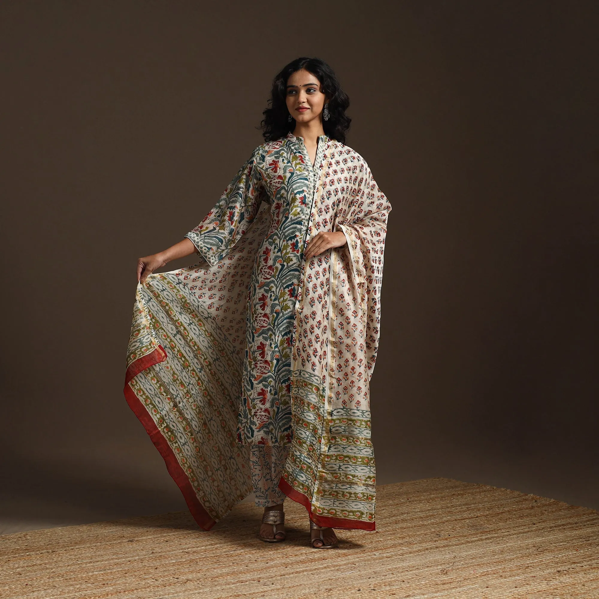 Multicolor - Chanderi Silk Block Print Sanganeri Suit Set with Dupatta for women 09 sold by Itokri