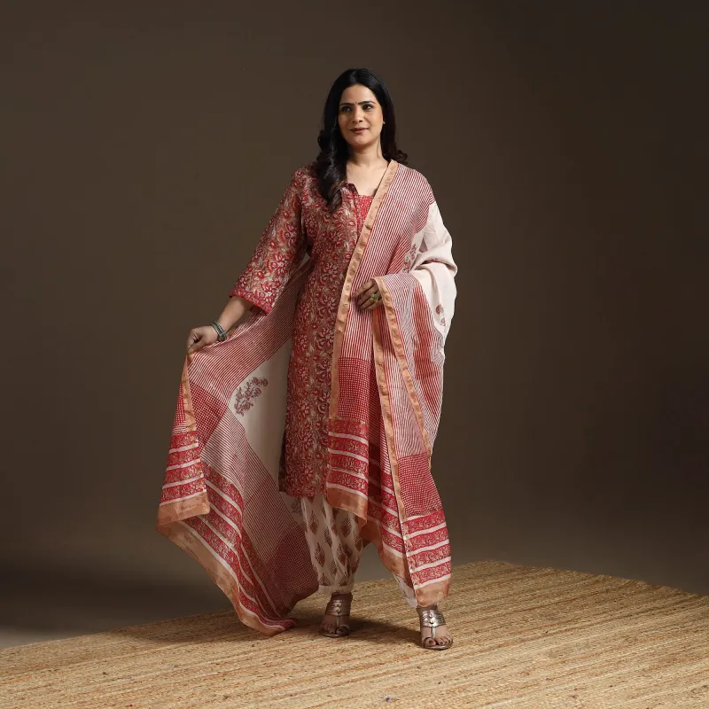 Brown - Chanderi Silk Hand Embroidery Block Print Sanganeri Suit Set with Dupatta for women 11 sold by Itokri